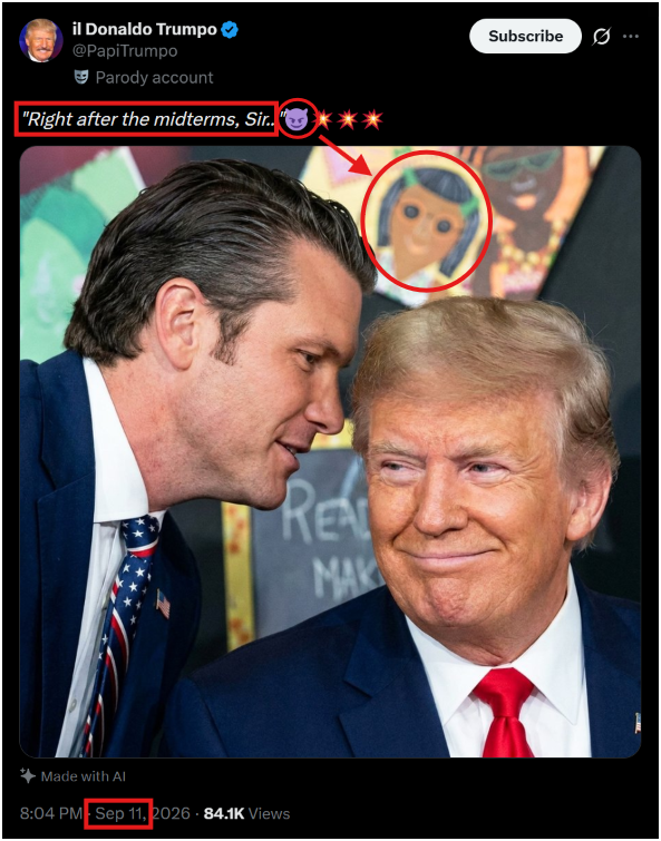 7thDean's tweet photo. I believe President Trump let us know yesterday on 9/11, that right after midterms the demons[😈] responsible for the 9/11 attacks will be exposed and taken care of..⚖️💀🙏

il Donaldo Trumpo's post Is a meme of Pete Hegseth whispering in President Trump's ear in the exact place where Bush got told about the 9/11 attacks with the same picture behind them of the little girl with braids in her hair (a demon with horns😈, once you see it you can't unsee it) and it's tagged "Right after the midterms, Sir.."😈💥💥💥

The Comm: President Trump is letting us know that Pete Hegseth's Department of War, along with our military, will be taking down the demons😈 responsible for the attack on our nation on 9/11 "Right after the midterms." They will all pay the price for the crimes they committed against the United States of America and its citizens......💀💥💥💥

Justice may finally be coming...⚖️💀🙏