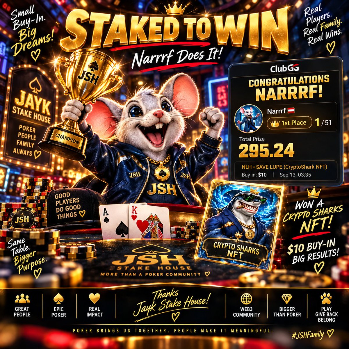 narrrf12345's tweet photo. 🐭♠️🦈 WHAT A NIGHT!

After a great battle, this little mouse somehow found the lucky cheese and finished **1st out of 51** in the SAVE LUPE event — bringing home a @CryptoSharksID NFT! 🏆🔥

Big respect to @jayksstakehouse for making opportunities like this possible.

A **$10 buy-in** gave a small mouse like me the chance to sit at a much bigger table, compete with a strong field and walk away with an awesome prize. 🙏

That is exactly what I love about the JSH model:

🎟️ Get your shot
♠️ Play the bigger games
🏆 Battle for real prizes
🤝 Grow together with the community

Huge thanks to the JSH crew, @CryptoSharksID and everyone involved in tonight’s event.

AWESOME HU @MEISHAYWEATHER1 - Very excited.

And CryptoSharks…

you better get ready. 👀

There might be a mouse swimming into your weekly Season games now. 🐭🦈😂

LFG! 🔥♠️