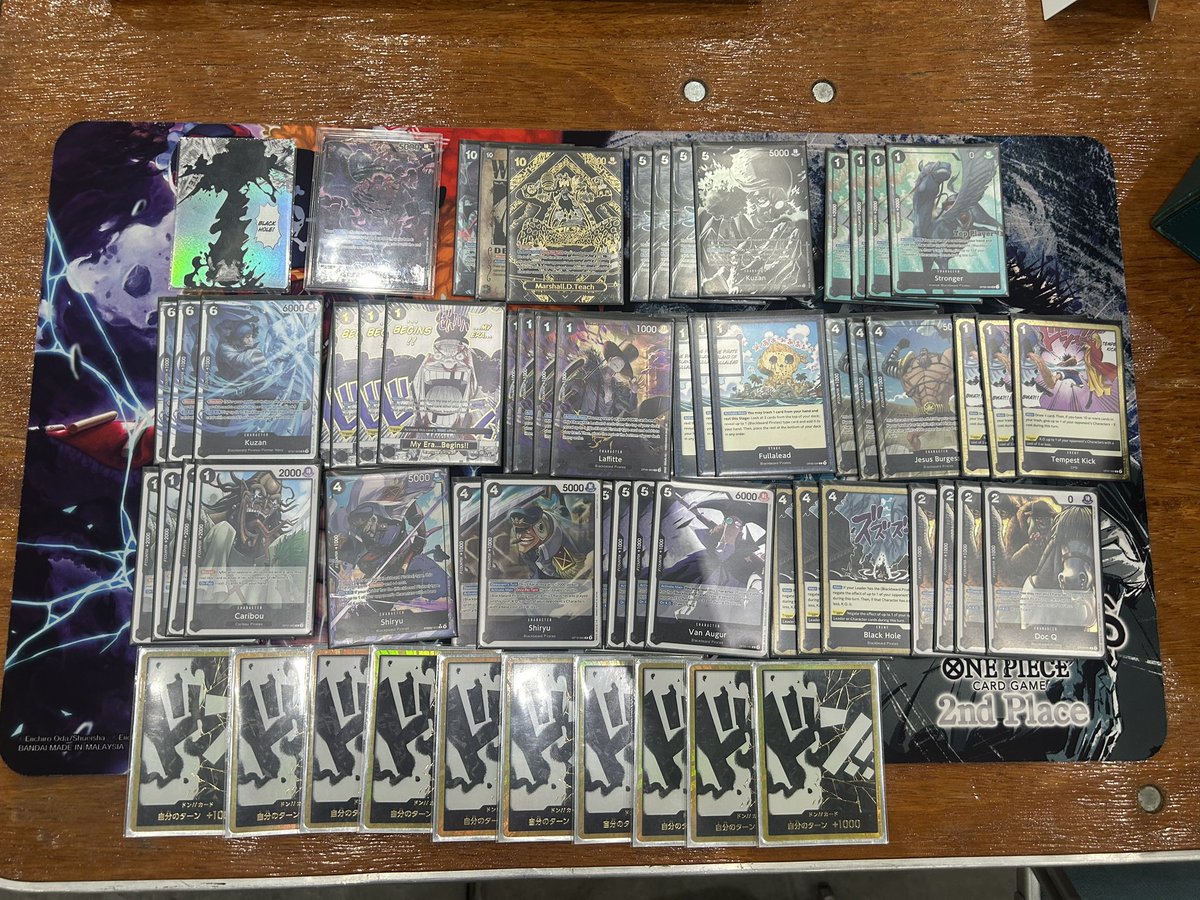 LafinteTCG's tweet photo. Virginia Regionals 9/12
Brought B Teach back to regionals! Thanks for everyone who said hi! 7-3 finish, missed out on top cut and t64 but we’ll try again tomorrow!
(Black Hole Leader Ability card courtesy of CJ after our game round 2!)

Round 1: Robin 🎲✅
Round 2: Red Ace 🎲✅
Round 3: Robin 🎲❌
Round 4: Boa 🎲✅
Round 5: Rocks ✅
Round 6: Enel ✅ @YonasOPTCG 
Round 7: Robin 🎲 ❌
Round 8: Mihawk ✅ @EndpointOPTCG 
Round 9: Robin ✅
Round 10: Mihawk ❌