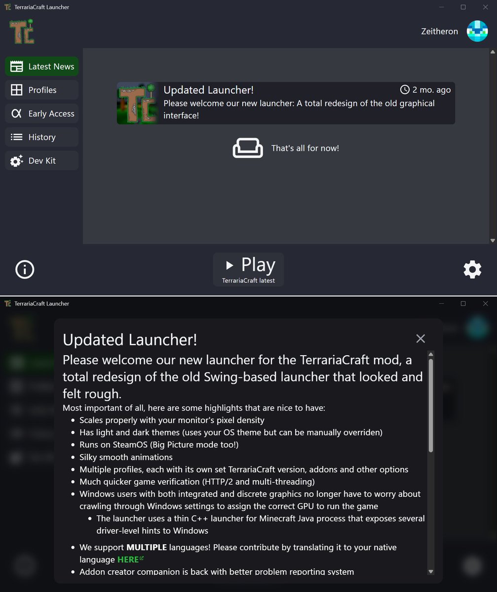 TerrariaCraftMC's tweet photo. More launcher news! This time the news tab got revamped with updated news post system, where each post may have a lot of info! https://t.co/ne9VKJotpG