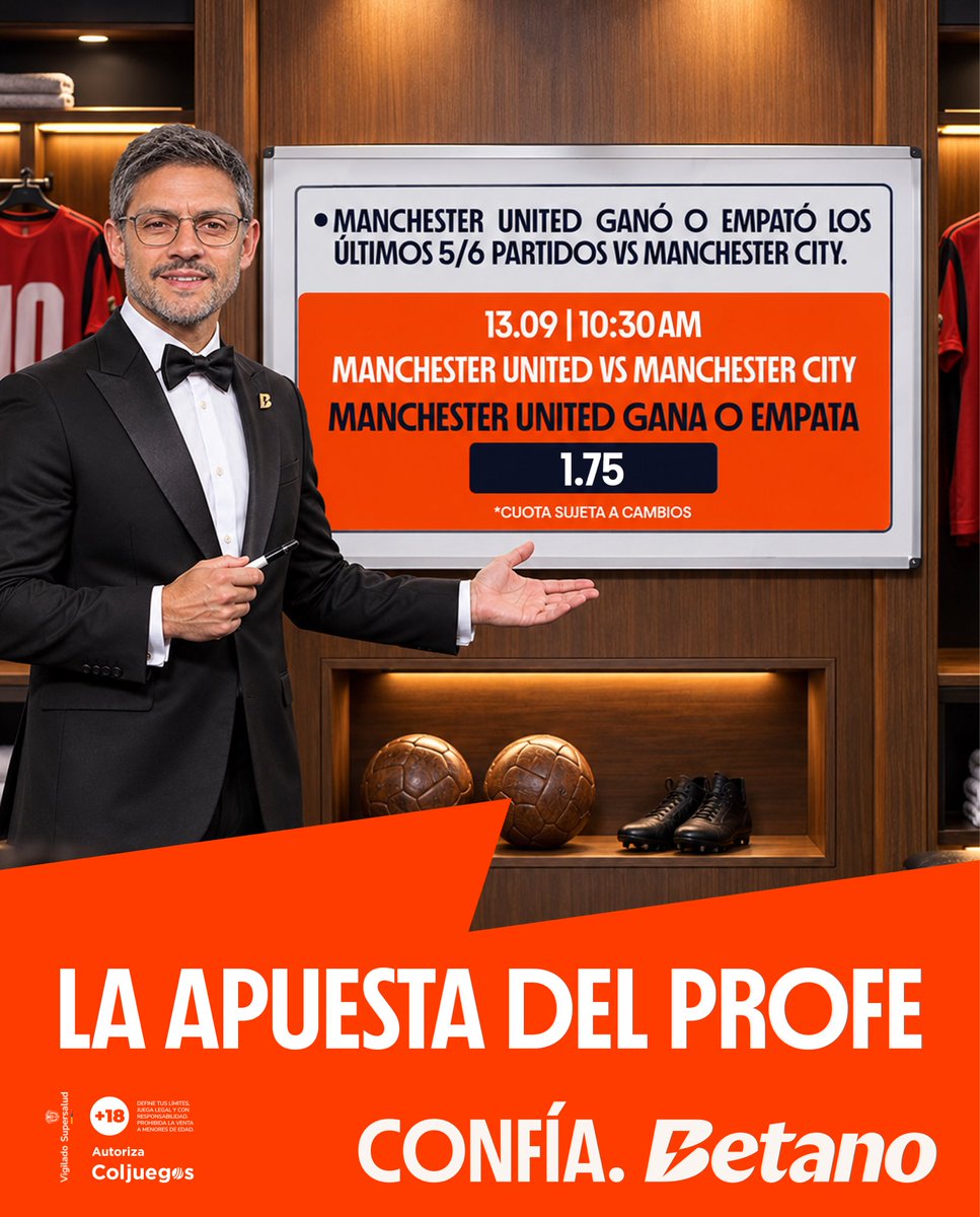 betano_colombia's tweet photo. ¿Confías en el profe? ⚽🧠
Manchester United vs Manchester City | 13/09 - 10:30 a.m. 🏴󠁧󠁢󠁥󠁮󠁧󠁿

#Chelsea #Fulham #Profe #ConfiaBetano https://t.co/PJmjLa04Pf
