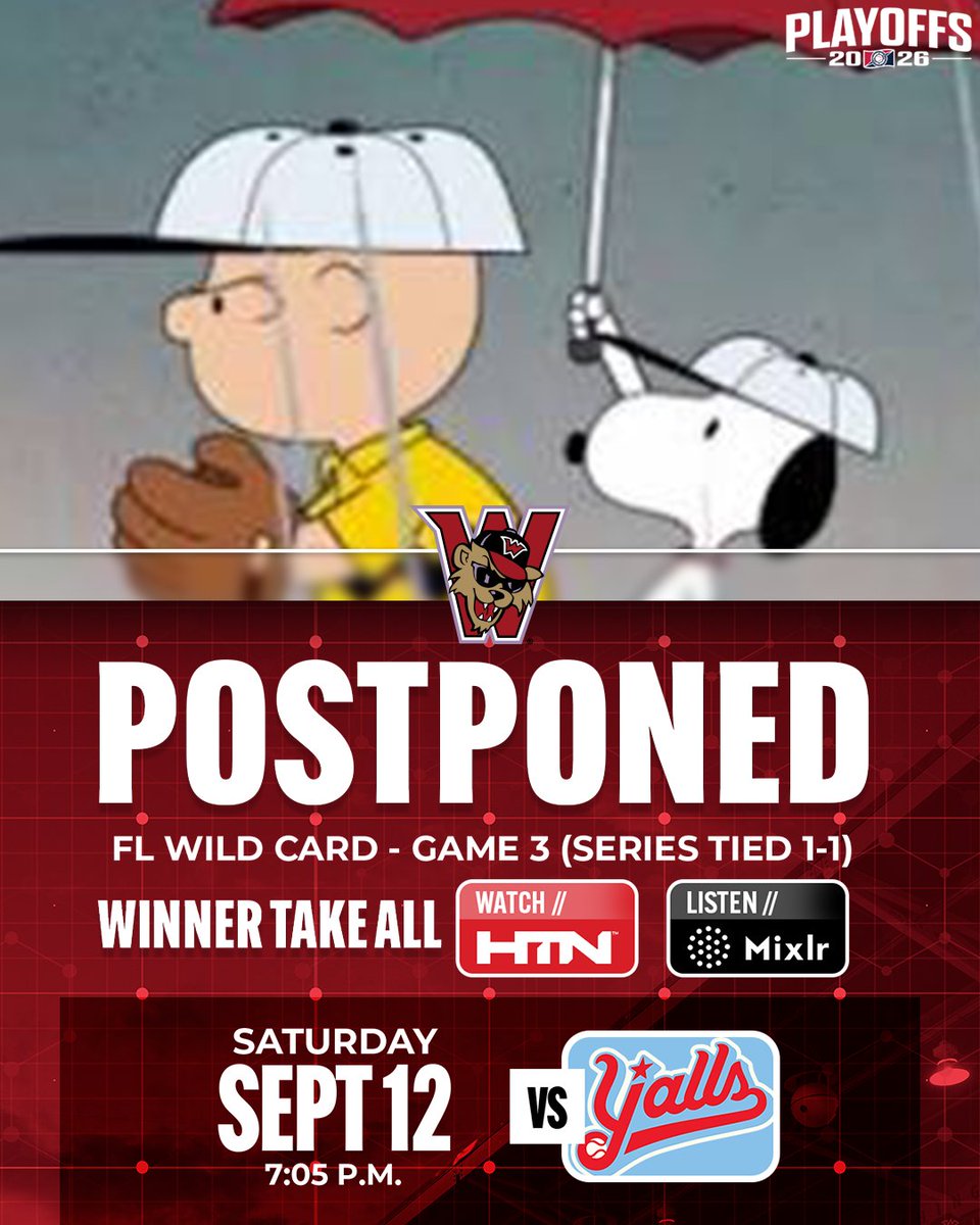 WashWildThings's tweet photo. Tonight's game has been postponed due to persistent inclement weather. We'll play it tomorrow, Sunday, September 13 at 105 p.m.

Tickets for tonight's game are good for tomorrow. And tickets are still for sale.

📖: https://t.co/5QnvNVPBQh
#GoWild https://t.co/2oPDLlr0yS