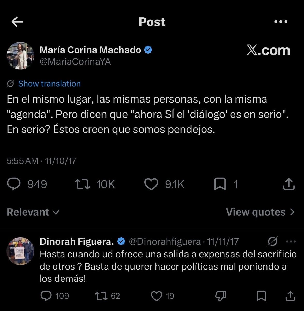 apolitikoyt's tweet photo. Lo que pensaba María Corina en 2017 y lo que Dinorah le respondía… https://t.co/rXA1r424rq