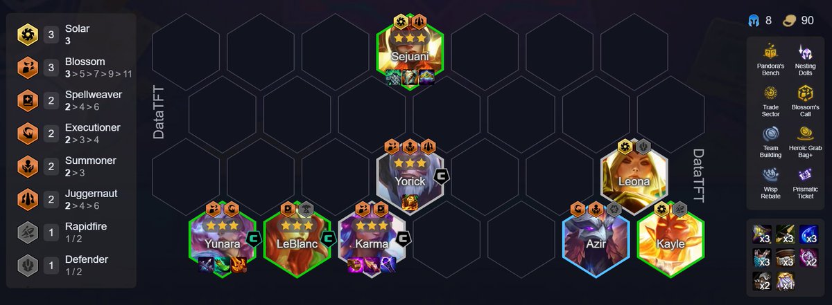 Data_TFT's tweet photo. DataTFT New CN Tech——Solar Yunara

Comp Credits: 要乐奈、隐士、温柔

This is a rather unique comp: reroll at Level 6 for multiple 3★, but still need to reach lvl 8.

The core idea is to use LB duplicating, 3 Lotus for economy, and multiple 3★ to maintain tempo. lvl 8 = Top 2. https://t.co/az8nAbeLlj