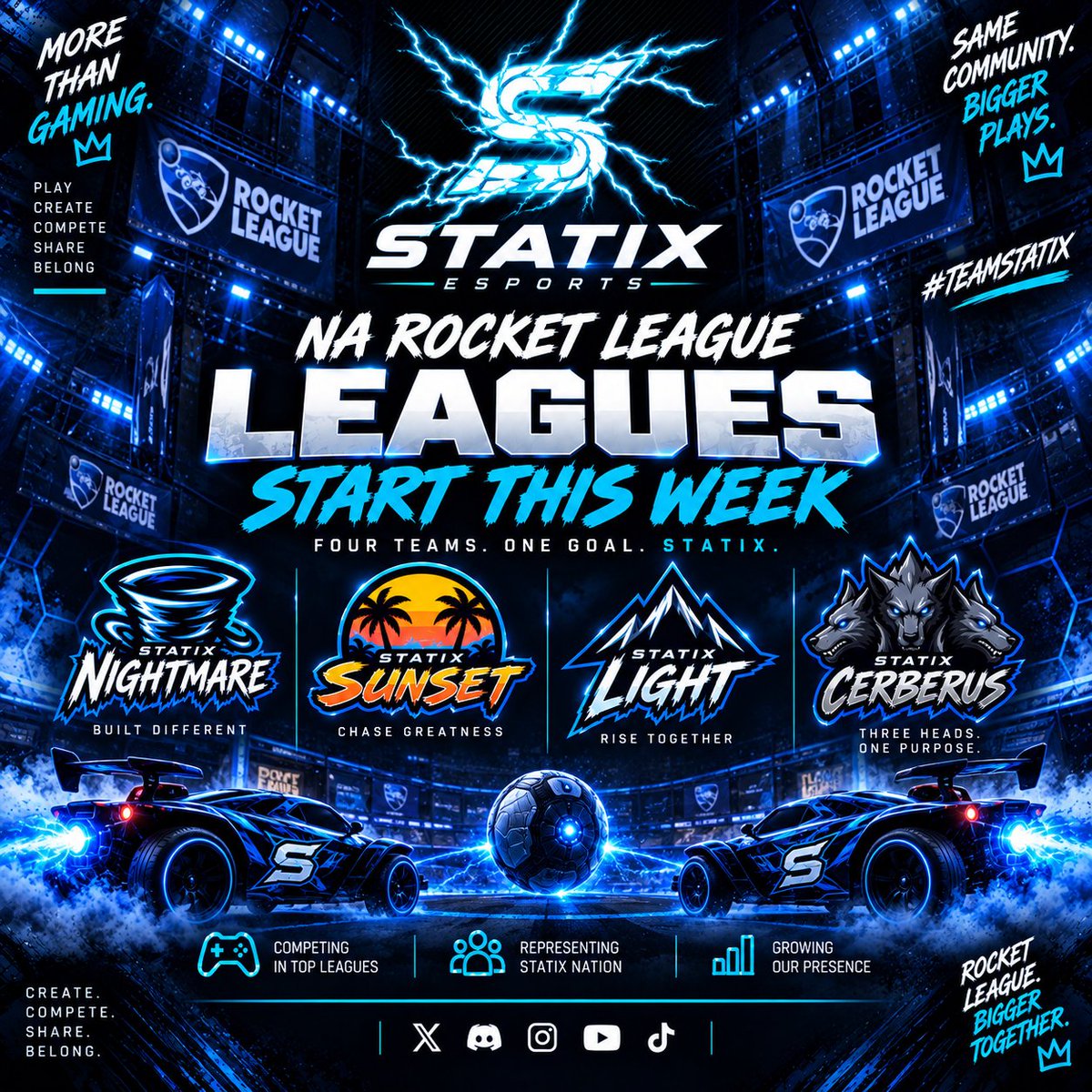 Statix_esports's tweet photo. ⚡ WELCOME OUR NA ROCKET LEAGUE TEAMS! ⚡

We’re excited to have Nightmare, Light, Cerberus & Sunset representing Statix this season! 🇺🇸
Four teams. One organization. One goal.
💙Good luck to all our squads — let’s make some noise!

#TeamStatix #StatixEsports #RocketLeague #FBF #Esports

Powered By @BattleWearShop, @DubbyEnergy & @GenTeaEnergy