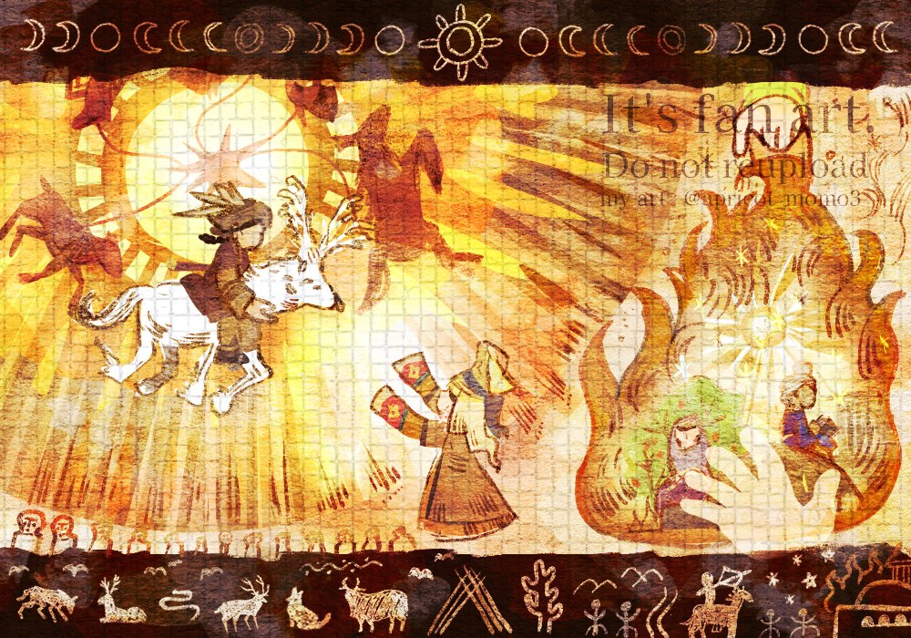 apricot_momo3's tweet photo. #天幕のジャードゥーガル最終回

このアニメに触発されて、いろいろ描きました。絵画的な作風、巫者の太鼓の原初的な図像、古代壁画のような意匠が本当に好きで、壁画風にも描いてみたり。

素晴らしいアニメを届けてくださって、ありがとうござい��した！感動を、絵にせずにはいられない作品でした https://t.co/xMM78ARpns
