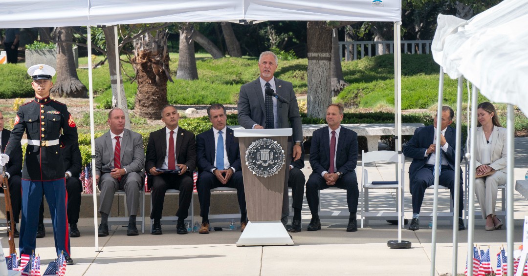 FBILosAngeles's tweet photo. Assistant Director in Charge of the FBI's Los Angeles Field Office, Patrick Grandy, hosted FBI employees, former FBI Special Agents, and special guests under the warm September sun in Los Angeles on the 25th anniversary of the deadly attacks of 9/11/01 to remember the 2977 victims and to honor those who served and still do.  #NeverForget