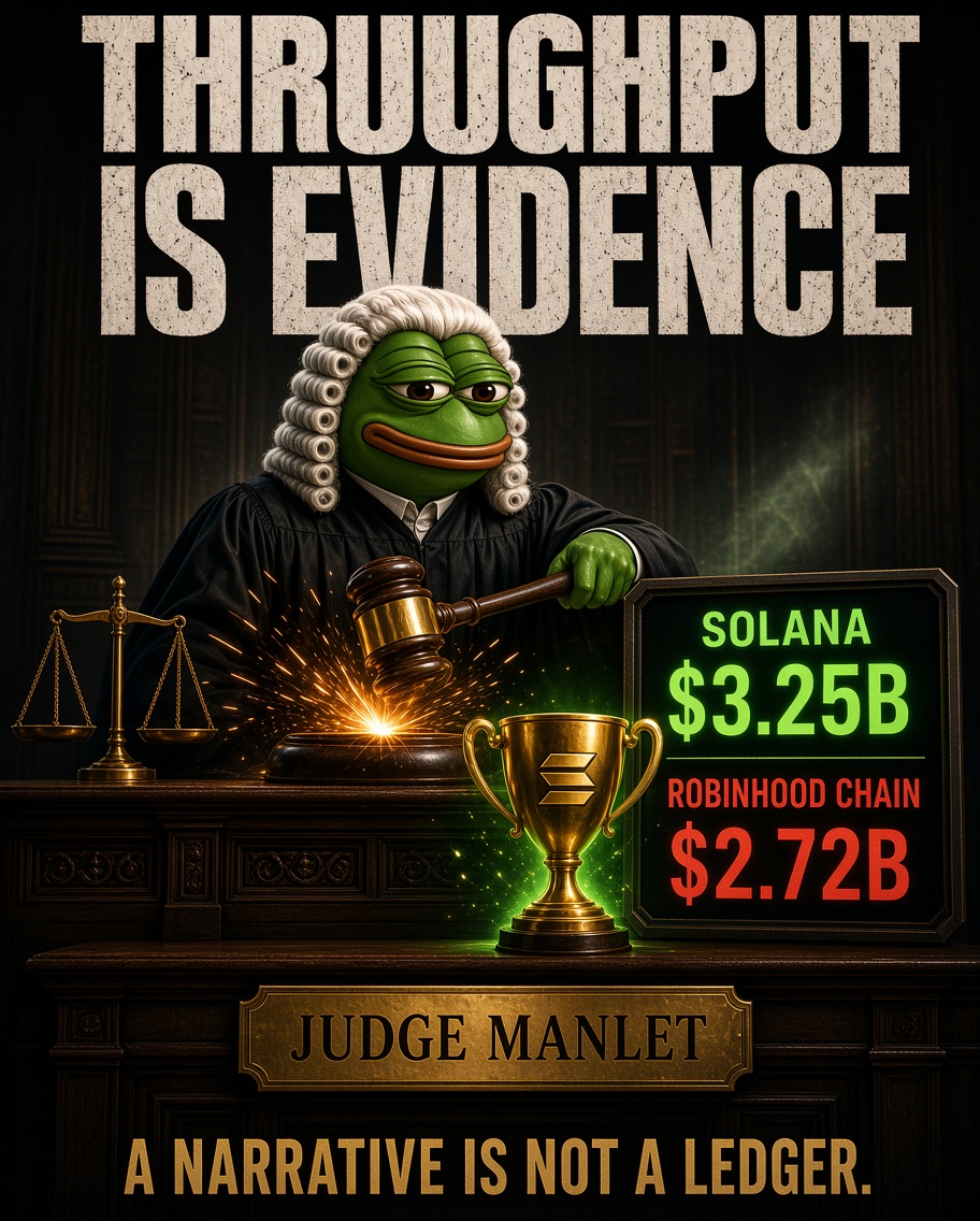 JudgeManlet's tweet photo. Court Ruling ⚖️

Solana reclaimed the DEX crown.
$3.25B vs $2.72B.

Congestion taxed the traffic.
This chain cleared the road.

Verdict:
Throughput is evidence.
A narrative is not a ledger.

The Gavel prefers the numbers.
🏛️⚡️ https://t.co/1H5Am8Aeca