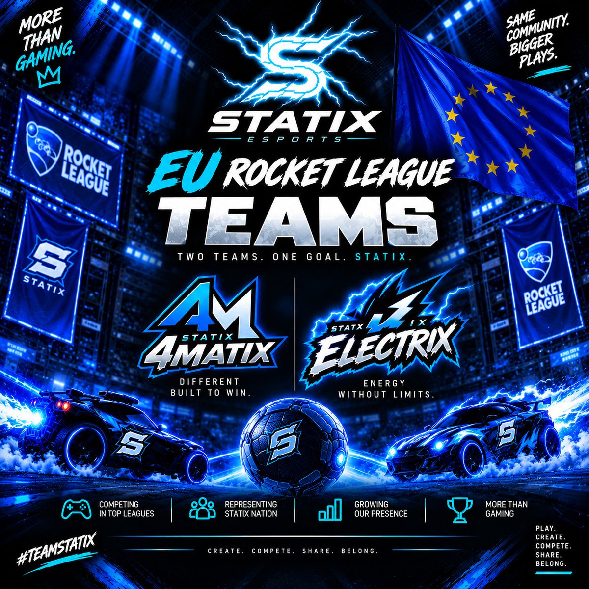 Statix_esports's tweet photo. 🇪🇺⚡ STATIX EU ROCKET LEAGUE ⚡🇪🇺
Our EU squads are locked in and ready to represent! 🔥
⚡ Electrix
🔥 4Matix
Two teams. One Statix. One goal. 💙
Time to make some noise in EU!
#TeamStatix #StatixEsports #RocketLeague #Esports #EUesports
Powered By @BattleWearShop, @DubbyEnergy & @GenTeaEnergy