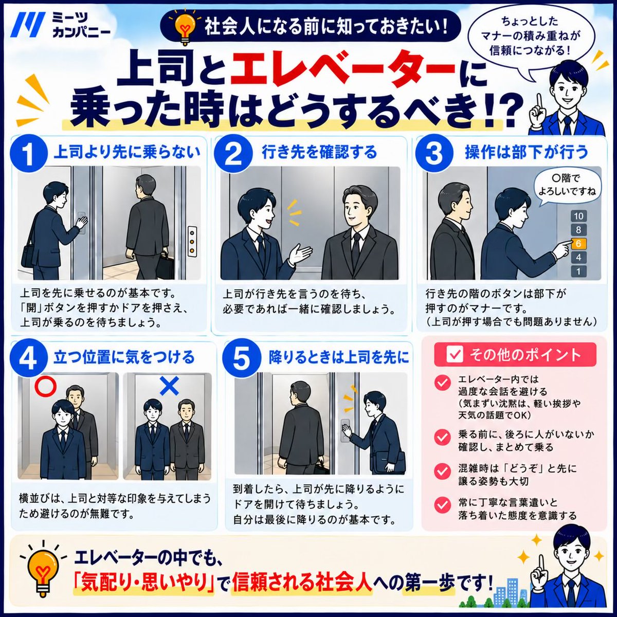 ihara0703's tweet photo. 社会人になる前に知っておきたい！！
『上司とエレベーターに乗った時はどうするべき！？』

#新卒 #社会人1年目 #就活生 #27卒 #28卒 https://t.co/zbXzITettk