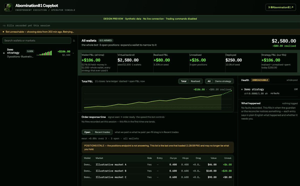 Abomination81's tweet photo. This is my Polymarket bot, I've made roughly 1.5 Million Dollars off it in the last couple years.  Now it's yours... for free.

This is probably my biggest gift to the X/PolyMarket community I have ever made, or will be able to make.  I've made a lot of money and want to give back.

I have many bots, but I can't be an expert in every market (I don't know enough about esports or world events), but others can.  So I built a CopyBot.  

This is not a normal copy bot, it's probably the best one in the world (queue the shills trying to sell shit saying its not).  I've been running it for years, and improving it constantly.  It is currently running and profitable.  And now its yours.

Multiple accounts have asked me to shill their copy bot, mine is much... much better and doesn't cost you $500+ a month to find out it sucks.

It copies maker bids, taker bids and is fast... how fast?  Sometimes (about 30% of the time) our bid lands on the CLOB faster than the person you are copyings bid, yup you buy faster than they guy you're copying.

How is that?  Mempools.  Mempools are like waiting rooms that control traffic on the blockchain.  I use a group of extremely fast mempools to watch a wallets trades.  When their trade hits the mempool, we know exactly their order (including market orders), place it on the faster mempool and beat them.

How good is it?  The p&l is within 1% of the wallets you copy.  Meaning if they make $1000, you bet the exact same amount, you make $990.

Now, how do you use this.

This is setup for diversification, you want to copy multiple different wallets at a fraction of their orders.  So you find 5 wallets (one esports, one in politics, one in pop culture etc), spread your budget across them and copy them maybe 10% or 5% of what they spend.  

This decreases your risk dramatically.  One world event can't destroy you.

Point AI (I suggest a smarter AI like fable or Astra) at the repo link at the bottom.  Ask it to understand it, how it does maker vs taker vs hybrid bids, how to setup multiple different wallets etc.  

What wallets do you copy?

You can't copy crypto.  There are no profitable conviction traders in crypto, they all are structural exploits... every single one.  You want people that research a market, and bet based on knowledge.

Some examples of ones I copied were @MEPPonPM @Joker_Poly (sorry guys, your both are studs).

Look for wallets whos pnl looks like a triangle... just a steady line up.  Avoid new wallets, degenerate gamblers and people with losing streaks.  You want a year old wallet that has been winning week over week, month over month.

Don't panic.

I'm going to use @MEPPonPM as an example (sorry again bro).  If you copy him, you WILL NOT get his p&l right away... why?

Well Mepp is a badass, and some of his trades are from 6 months, 4 months, 1 month ago.  So you will buy a trade today.. say for 100 bucks, and it goes down 5%, so you're left with $95 dollars... he plans on holding this same trade for 6 months.

So for example, his P&L today is $4,000 and yours is -$5... he is taking profit from trades he created weeks, months ago and he is trading $20,000 on a trade, you do $100.  So to get the same p&l as him, you will need to copy his trades for months and bet the same amount.  It's a long game, don't panic.  Etraders, sports and other short events are different, but risker.

Also, don't use @MEPPonPM or @Joker_Poly .  If multiple people copy the same account, you guys are going to eat your own edge, pushing the price up and you know someone is stupid enough to copy them even after that, so avoid those two.  Your PNL will drop if you do.  They are just examples.

The AWS box

Deploy this to AWS London (if you are not american or have KYC), otherwise ireland.  Get a C6i large box.  Have claude/codex "tune" the box for minimum latency.  Then deploy the bot.

That is it.

I will not be giving tech support, helping pick wallets, or taking any blame for you losing money.  This is a golden goose, if it shits instead of lays golden eggs, it's your fault... not mine.

https://t.co/OkIPN9qiGm

If you want to thank me, lets spread the word.  Repost, comment, like it.  Lets let everyone share the wealth.

If this post gets enough traction.  I might release my liquidity farming bot too.  It is also very fire and forget.

#Polymarket #CopyBot