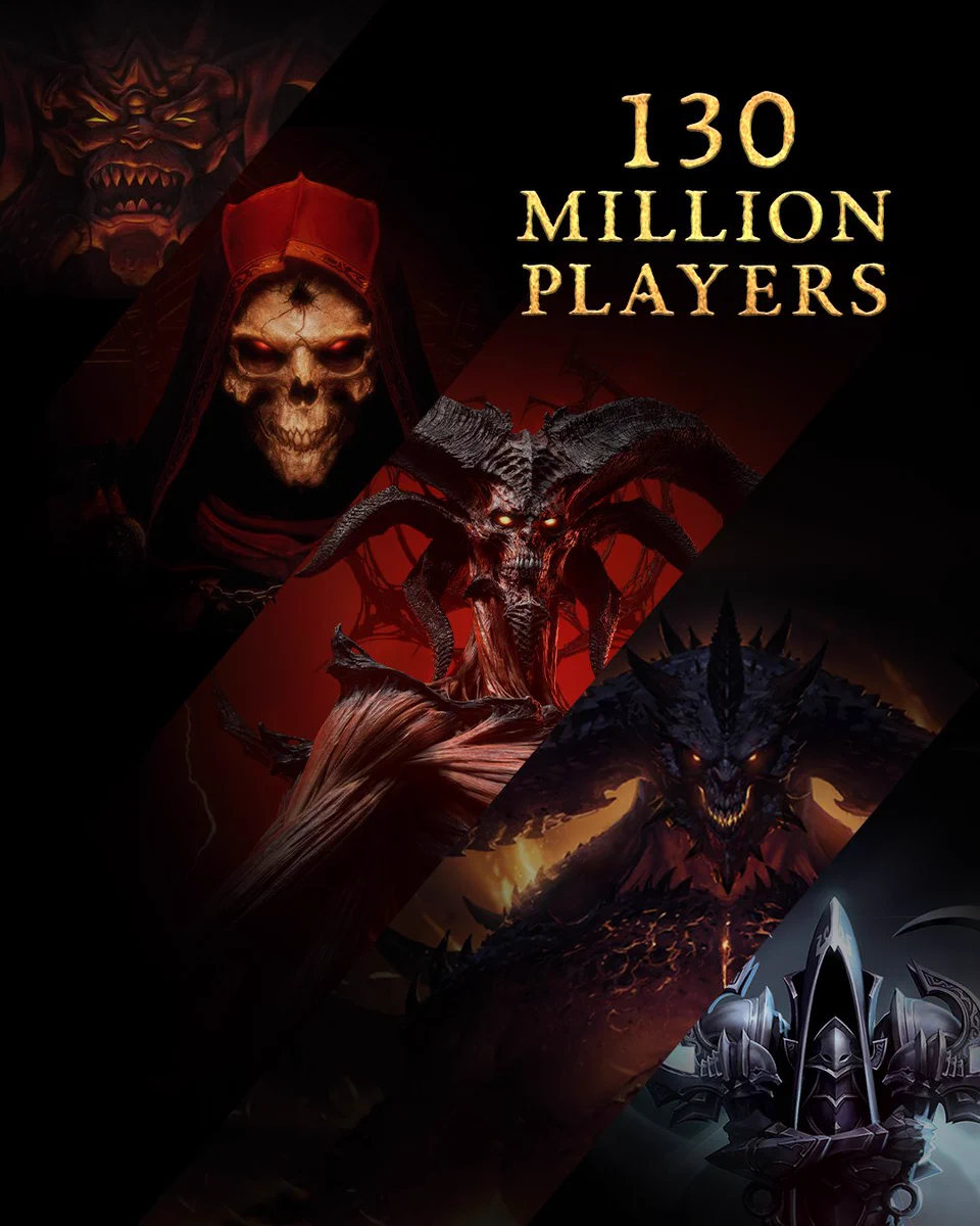 Image: From left to right, Diablo from D1, The Dark Wanderer, Mephisto, Diablo from Diablo Immortal, and Malthael. Gold text reads “130 Millions Players”