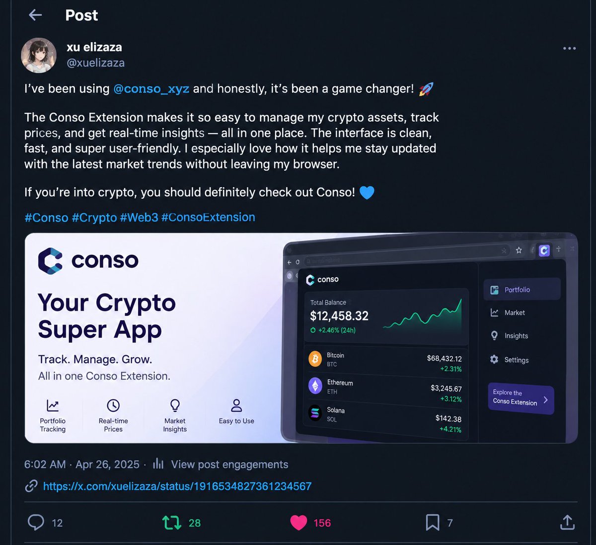 btcethabc's tweet photo. I’ve been using @conso_xyz and honestly, it’s been a game changer! 🚀

The Conso Extension makes it super easy to manage crypto assets, track prices, and get real-time market insights — all in one place. The interface is clean, fast, and user-friendly.

#Conso #Crypto #Web3 https://t.co/lYObXiOd3B