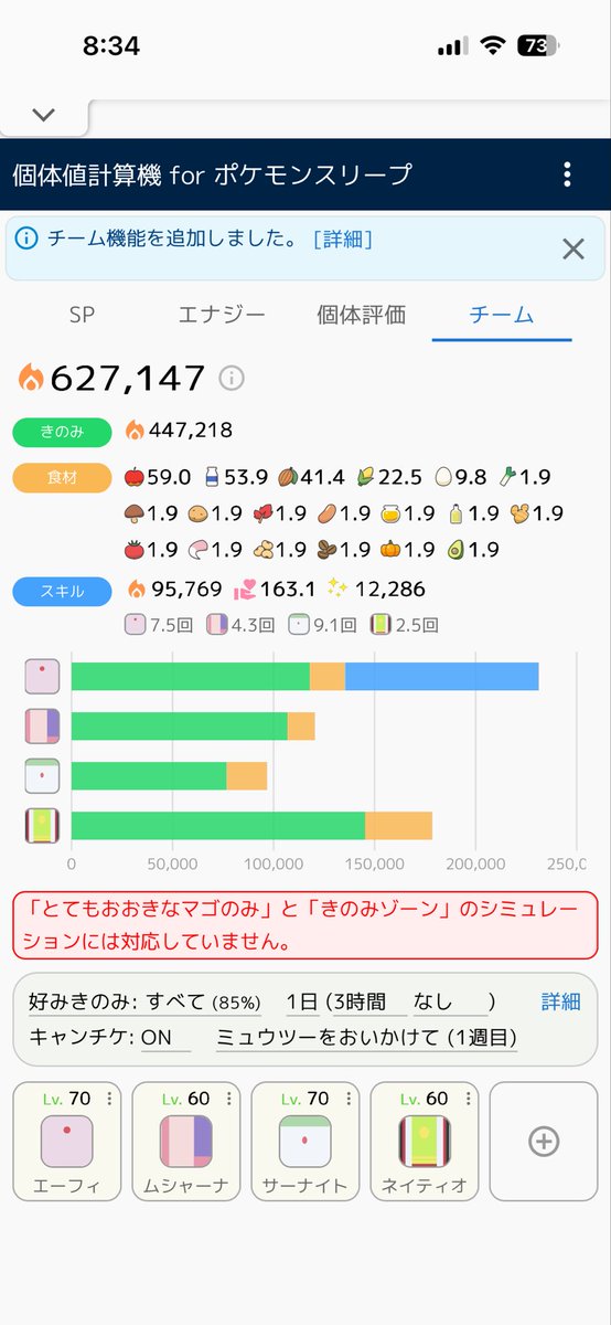 kiki_hapihapi's tweet photo. にとよんさんのチーム検索機能ありがたい(ㅅ´꒳` )
クレセは性格スキ��⤴️のスキMあるもサブが食材smときてて多分しぶめ🥲

エーフィとネイティをなんとか70と60にしたら少しは強くなるんやが料理デザート来なかったとしても行けるもの？
(ちなみにノマワカ)
結局どれか編成から外すなら育成むつかし🥲 https://t.co/focHOkwHl8