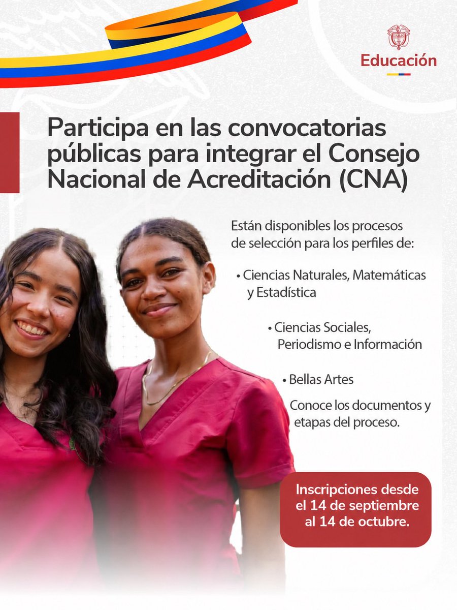 Mineducacion's tweet photo. El Ministerio de Educación Nacional invita a participar en el proceso para la selección de integrantes del Consejo Nacional de Acreditación (CNA) en los perfiles de Ciencias Naturales, Matemáticas y Estadística; Ciencias Sociales, Periodismo e Información; y Bellas Artes.

🔗Más información, convocatoria, instructivo y anexos en: https://t.co/k3dI0SpaLg