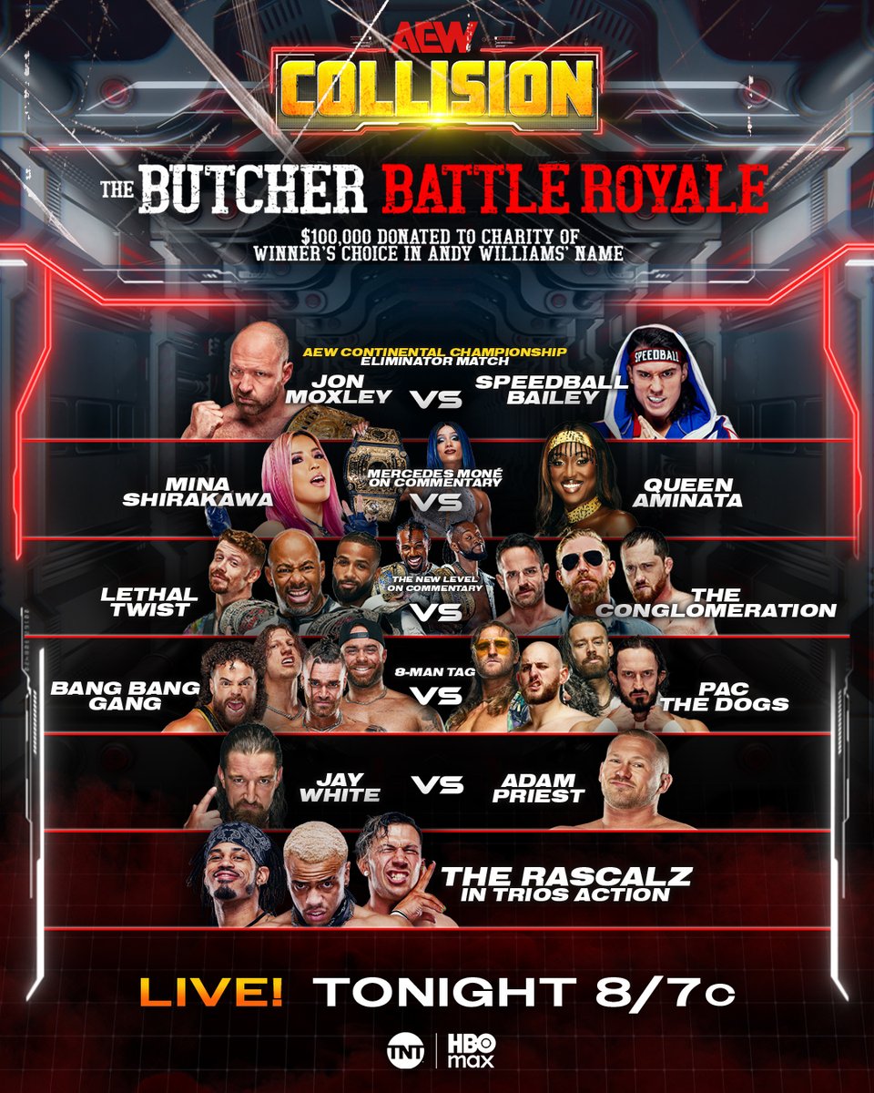 AEW's tweet photo. 🚨 AT THE TOP OF THE HOUR! 🚨

A stacked night of wrestling on Saturday #AEWCollision is just moments away!

We'll see you at 8/7c on @TNTDrama &amp; @HBOMax, TONIGHT! https://t.co/h0KJV1wg7y
