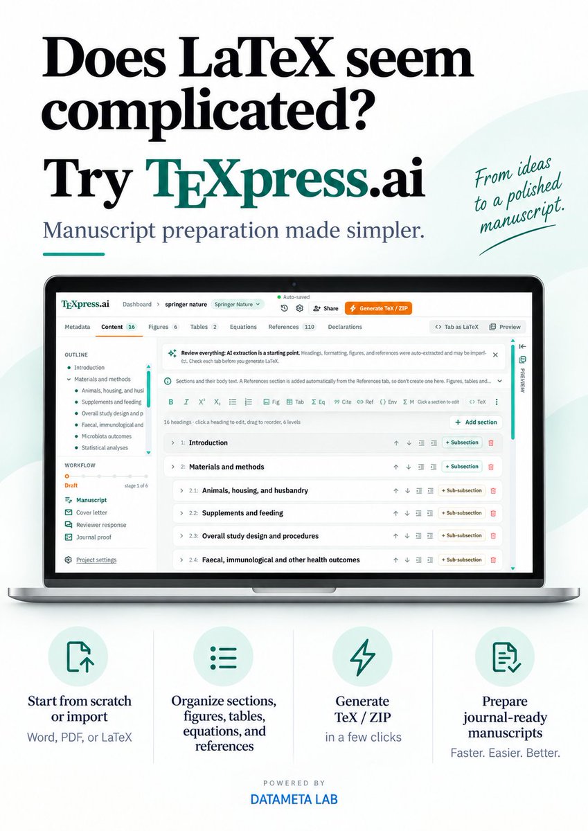 TeXpressAI's tweet photo. From ideas to a polished manuscript. @texpress.ai makes it simpler for you. Try your free trial at https://t.co/hNqwaeJSlC https://t.co/rhHQVDYGP4