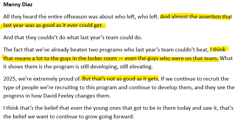 Duke_On3's tweet photo. Long Manny Diaz quote on Duke being 2-0 this season with wins against teams that it was 0-2 against last season:

(via @KateRogersonTV question) https://t.co/u5XIpRGY2U