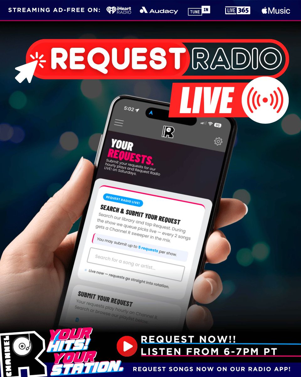 channelrradio's tweet photo. 📲 REQUEST LINE IS OPEN! 📲

Get your picks in the app NOW — #ChannelRRequestRadio LIVE hits the air at 6PM PT, playing nothing but YOUR requests for 60 straight minutes, live &amp; ad-free.

Whichever fandom shows up loudest owns the hour. 🔥

📲 https://t.co/QCkoYU1QB1 https://t.co/j7lcgvFZvS