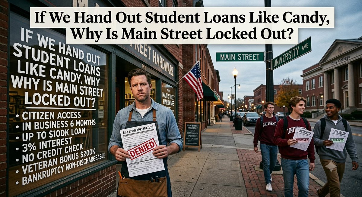 TGInewsGA's tweet photo. If We Hand Out Student Loans Like Candy, Why Is Main Street Locked Out?

Washington distributes hundreds of billions in student loans with no credit checks, no collateral, and no guarantee of a return on investment. Yet an everyday citizen trying to build wealth and launch an enterprise has better luck locating Jimmy Hoffa’s grave than securing an SBA loan.

If the federal government can bet trillions on a four-year degree, it should be willing to bet on the people building real businesses in our communities.

A modernized, accessible small business loan program could level the playing field through a straightforward framework:

Basic Eligibility: Open to any U.S. citizen with an active enterprise operating for at least six months, verified business credentials, an established business bank account, and documented revenue.

Capital & Terms: Up to $100,000 on a 20-year term at a fixed 3% interest rate, with no credit check required.

Veteran Recognition: The maximum funding doubles to $200,000 for honorably discharged veterans.

Firm Accountability: Like federal student loans, this debt would be completely non-dischargeable in bankruptcy. Any default results in immediate offsets against federal tax refunds and government relief payments.

Strict Asset Safeguards: Funds cannot be used to pay off pre-existing personal or corporate debt. Major capital acquisitions—including land, facilities, commercial vehicles, and heavy equipment—must be registered under a formal government lien until repaid.

This approach replaces institutional red tape with direct investment, balanced by clear personal accountability and collateral protection.

Would an initiative like this earn your support?

#highlight 
#SmallBusiness
#Entrepreneurship
#MainStreet
#EconomicGrowth
#SBALoans
#VeteranOwned
#WealthBuilding
#FiscalPolicy