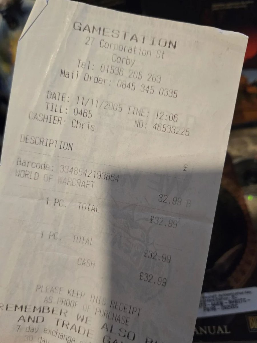 CK_Eidolon's tweet photo. Forever drops just 1 week before I hit 21 years of WoW. And I still have the receipt tucked away in the vanilla manual too 👏🏻 https://t.co/rK7oZllvZd