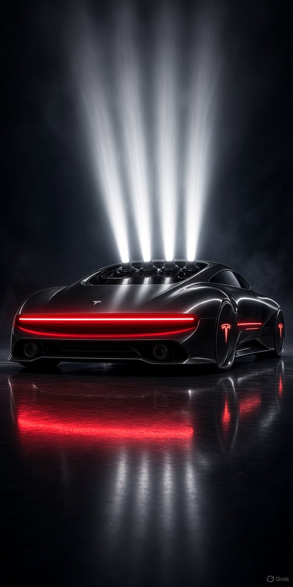 ImTomLi's tweet photo. Tesla's latest Roadster teaser got me curious, so I put four top AI models to the test: ChatGPT, Grok, Gemini, and Meta. Each produced a completely different take on what this SpaceX infused machine might actually look like. 🚀 Place your bets! https://t.co/0x5E0mAWrw