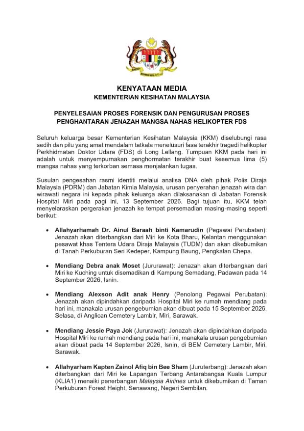 DrDzul's tweet photo. Salam 🇲🇾 MADANI ❤️, 

Pagi ini merupakan detik yang amat memilukan buat keluarga besar KKM apabila jenazah kesemua 5 wira & wirawati FDS (termasuk juruterbang) mula diserahkan kepada pihak keluarga untuk perjalanan terakhir mereka.

​InsyaAlLah, pagi ini saya sedang dalam perjalanan ke Kelantan untuk memberi penghormatan terakhir buat Allahyarhamah Dr. Ainul Baraah.

​Mohon seluruh rakyat Malaysia menitipkan doa agar urusan persemadian kesemua mangsa dipermudahkan dan diberkati AlLah Azza Wajalla..🤲🤲

Al-Fatihah (dibacakan).

#KKMPrihatin #FDS