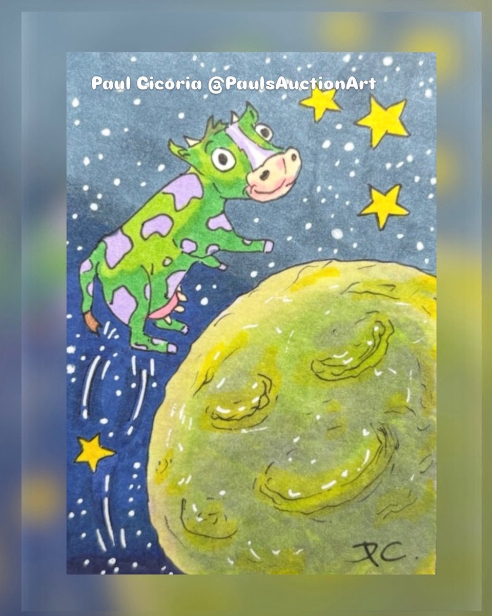 amyjcicoria's tweet photo. Finished color art card and the final in the Mother Goose series - The Cow Jumped Over the Moon #paulsauctionart #paulcicoria https://t.co/CvRcSCbjxB