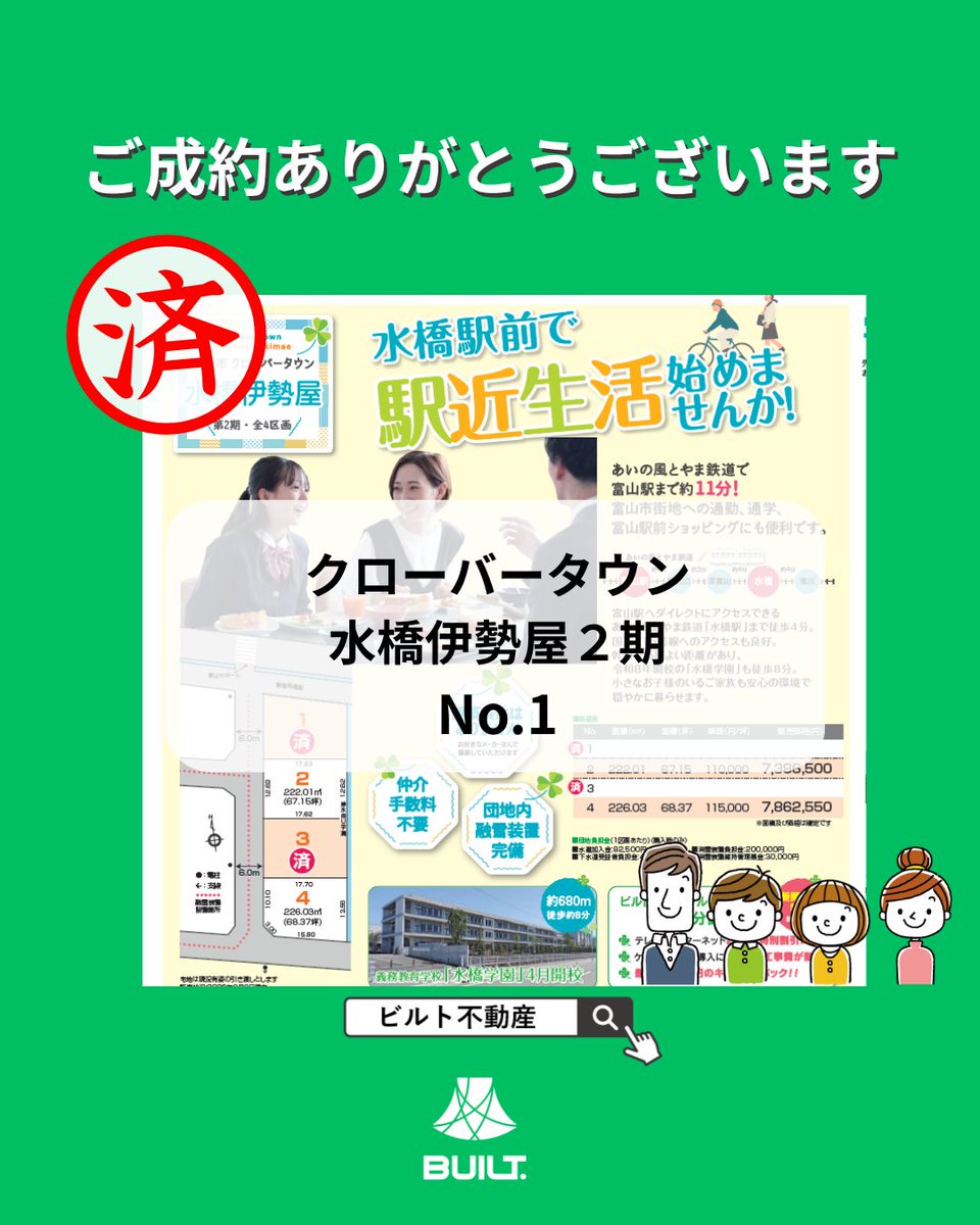 built_toyama's tweet photo. 【ご成約御礼】

クローバータウン水橋伊勢屋2期
No.１

ご成約ありがとうございました！

分譲宅地をお探しの方

お問い合わせはビルト不動産まで✨
https://t.co/WexqeBXfJz

#ご成約御礼 #富山市 #水橋 #水橋伊勢屋 #水橋駅     
#住宅用地 #土地 #土地探し #分譲宅地 #住宅 #水橋 #ビルト #不動産 https://t.co/yE4gSNCO3U
