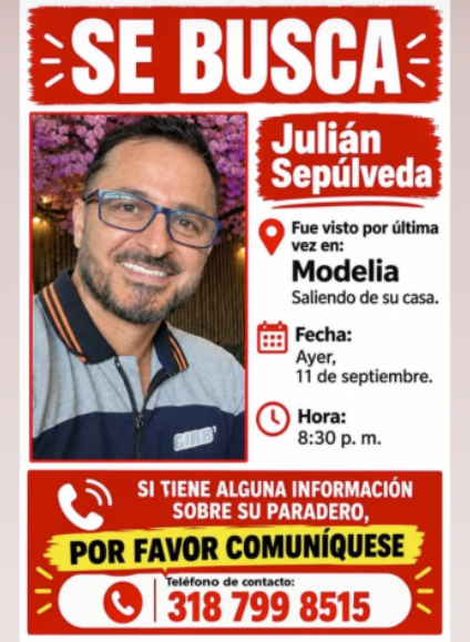 NoticiasCaracol's tweet photo. ¿Lo ha visto? Buscan a Julián Sepúlveda, quien desapareció el 11 de septiembre en el barrio Modelia, de Bogotá. Si tiene información, comuníquese con la línea que aparece en la imagen https://t.co/nvCJxNSPJ4