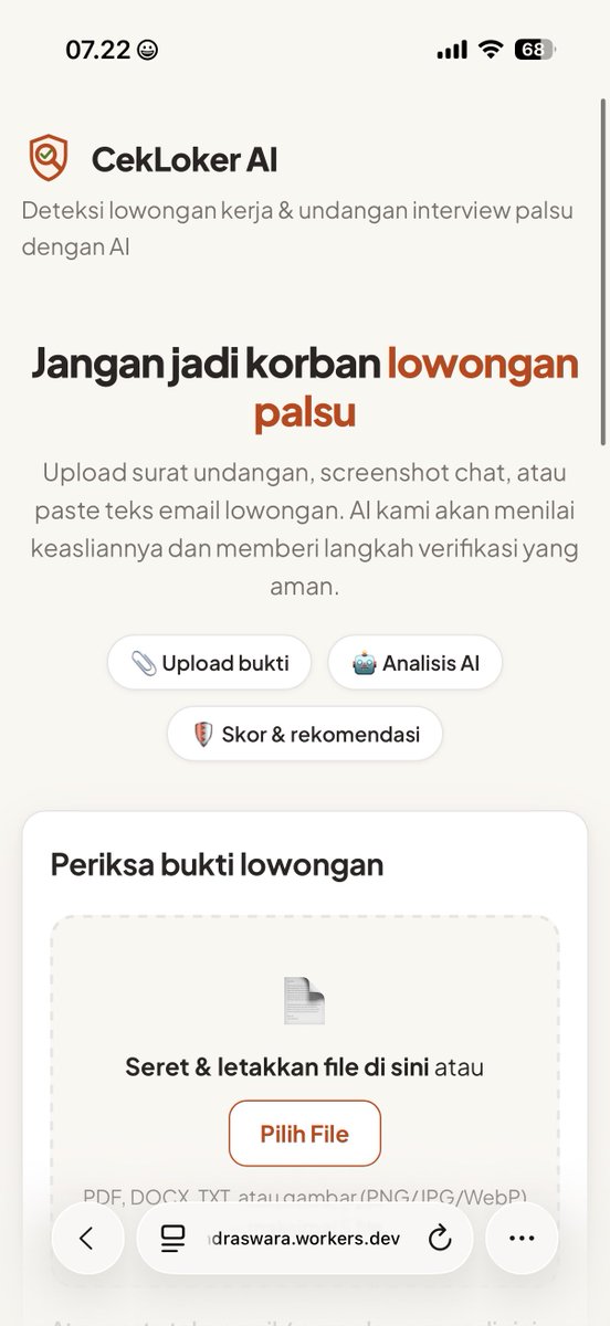 dhanyindraswara's tweet photo. Dari twit @hrdbacot aku minta para agent bikin apps buat check keaslian sebuah info loker, interview dll.

Kamu hanya perlu upload, nanti AI kasih rating dan kasih detail analisa sampe kasih rekomendasi apa yang harus dilakukan.

Semoga membantu.

https://t.co/vHVX7oDbhO

*Barakallah