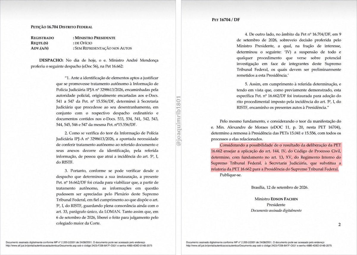 joaquimrib1801's tweet photo. 🚨 FACHIN RETIRA DE MENDONÇA O CASO MORAES-VORCARO

Edson Fachin determinou que a Presidência do STF assuma a relatoria da Petição 16.662, que reúne as mensagens atribuídas a Alexandre de Moraes e Daniel Vorcaro e os desdobramentos envolvendo o afastamento da cúpula da Polícia Federal. Fachin justificou a mudança pela possibilidade de impedimento de André Mendonça e pelo entendimento de que apurações envolvendo ministros do STF devem passar pela Presidência da Corte.

Fachin também mandou Mendonça enviar à Presidência as Petições 15.041, referente às fraudes no INSS, e 15.556, que concentra as investigações do Banco Master, com todos os processos relacionados. Entretanto, o despacho altera expressamente apenas a relatoria da Petição 16.662. Portanto, ainda não está formalmente definido que Mendonça perdeu também as relatorias do INSS e do Master.

Em decisão anterior, Fachin havia determinado a suspensão de todos os procedimentos que tratassem de possíveis investigações contra integrantes do STF. Essa suspensão não alcançou todas as apurações do INSS e do Banco Master, mas somente aquelas que envolvessem ministros da Corte, pois esses casos deveriam ser previamente encaminhados à Presidência do STF para análise e definição de quem seria responsável por conduzi-los.