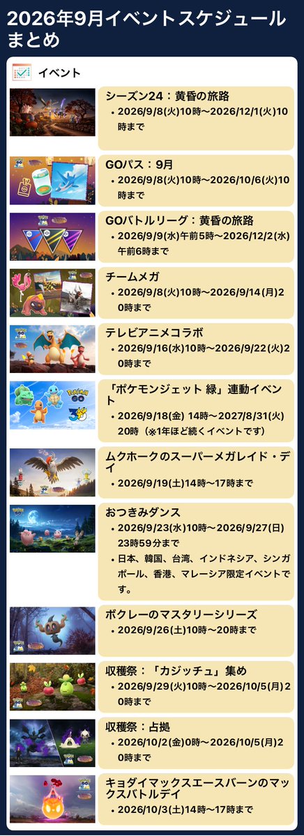 pokemapi's tweet photo. 今週のイベントスケジュールまとめ

📅2026/9/14(月)-2026/9/20(日)

✅伝説レイド：ザシアン（れきせんのゆうしゃ）→ザマゼンタ（れきせんのゆうしゃ）（2026/9/16(水)6時～2026/9/22(火)21時30分頃まで）

✅メガレイド：メガスピアー、メガヘルガー→メガフシギバナ（2026/9/16(水)6時～2026/9/22(火)21時30分頃まで）

👿伝説シャドウレイド：シャドウボルトロス（けしんフォルム）（9/9(木)6時～）

✅テレビアニメコラボ（2026/9/16(水)10時～2026/9/22(火)20時まで）

✅「ポケモンジェット 緑」連動イベント（2026/9/18(金) 14時～2027/8/31(火) 20時（※1年ほど続くイベントです））

✅ムクホークのスーパーメガレイド・デイ（2026/9/19(土)14時～17時まで）

✅ダイマックスサイホーンが初登場！（2026/9/14(月)6時～）
➡️ダイマックスサイホーンのマックスマンデー（2026/9/14(月)6時～21時まで）

✅フリードのゴーグルをつけたヒトカゲのスポットライトアワー（捕獲時「ほしのすな」が2倍）（2026/9/17(木)18時～19時まで）

など

▼https://t.co/wcCfUdOG3W

#ポケモンGO