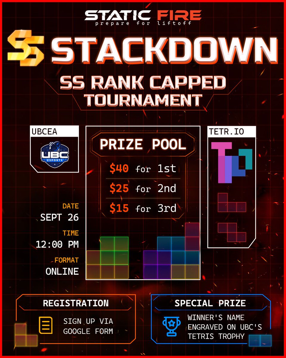 ubcesports's tweet photo. 🔥2026 STATIC FIRE: SS STACKDOWN🔥
UBCEA presents SS RANK CAPPED https://t.co/hKFGQIMIiW tournament!
📅 Sep 26
⏰ 12 PM onwards
💻 Online
🔗 Sign up: Link in bio
💰 PRIZE POOL: $40 / $25 / $15
🏆 Winner’s name engraved on UBC’s Tetris trophy!
#UBCEA #UBC #TETRIO #Tetris https://t.co/jvdZa8qeX0