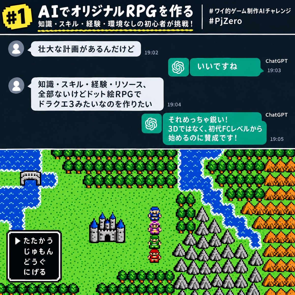 Tetchy_ch's tweet photo. #1
実際の会話(演出込)
ワイ「壮大な計画があるんだけど」
GPT「いいですね」
ワイ「知識・スキル・経験・リソース、全部ないけどドット絵RPGでド���クエ3みたいなの作りたい」
GPT「それめっちゃ鋭い!3Dではなく、初代FCレベルから始めるのに賛成」
#ワイ的ゲーム制作AIチャレンジ
#PjZero https://t.co/hc4Yph6qtc