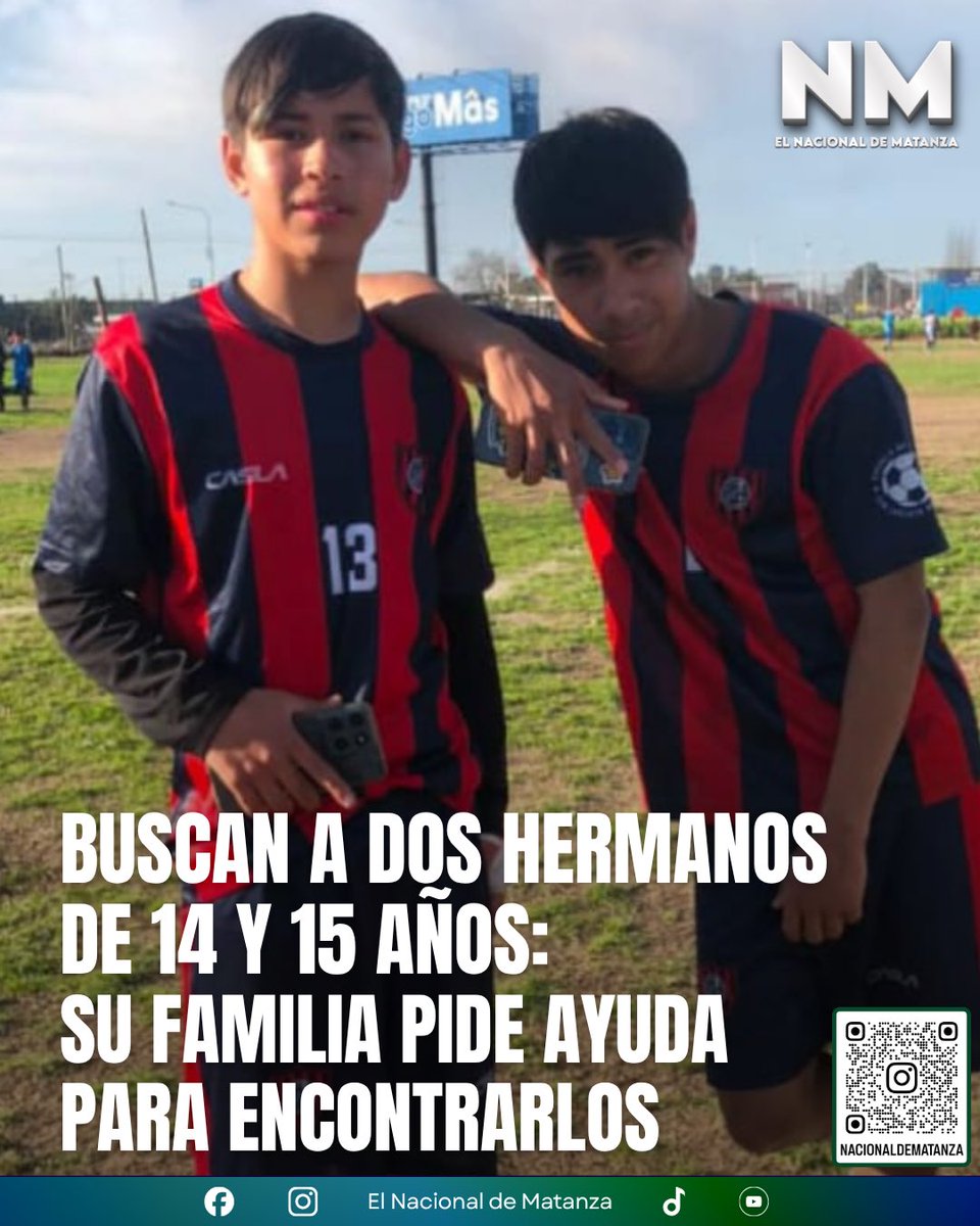 NacionalMatanza's tweet photo. 🙏 BUSCAN A DOS HERMANOS DE 14 Y 15 AÑOS: SU FAMILIA PIDE AYUDA PARA ENCONTRARLOS

Familiares buscan a Matheo Giovanni Rojas, de 15 años, y Ayrton Hernán Rojas, de 14, quienes se ausentaron de su domicilio en Barrio Don Juan durante la madrugada del viernes 11.

Desde entonces, su familia intenta dar con ellos y pide colaboración para que la imagen pueda llegar a la mayor cantidad de personas posible.

❤️ Lo más importante es poder encontrarlos y saber que están bien.

🙏 Si alguien los vio o tiene algún dato que pueda ayudar a ubicarlos, puede comunicarse al 911 o escribirnos por mensaje privado.