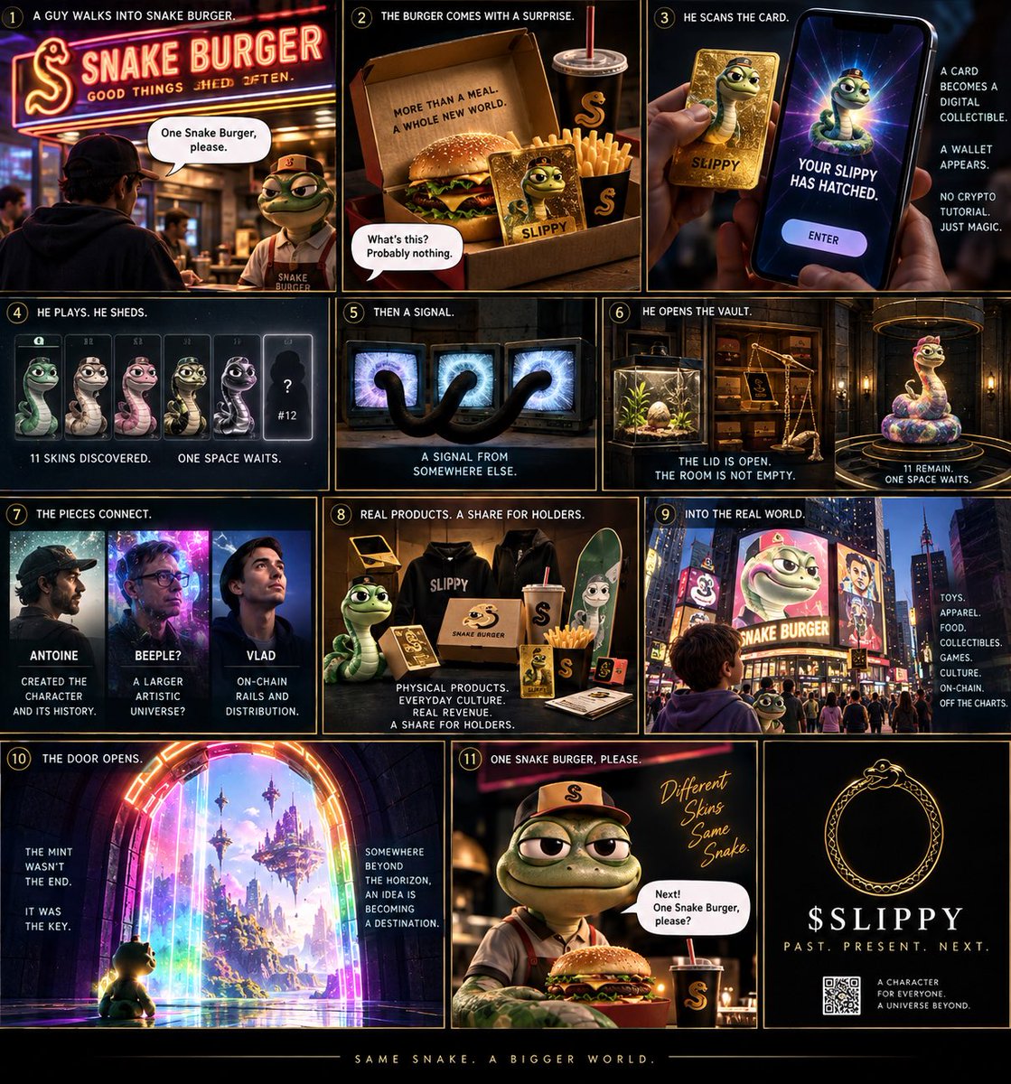 Crypto_peet's tweet photo. One Snake Burger, Please 🍔🐍

A guy walks into Snake Burger.

Nothing unusual.

“One Snake Burger, please.”

The employee slides a box across the counter.

Inside: burger, fries… and a Slippy card.

“What’s this?”

“Probably nothing.”

He scans it.

His phone opens a page he’s never seen before. No seed phrases. No crypto tutorial. Just:

YOUR SLIPPY HAS HATCHED. 🥚

The card becomes a digital collectible. A wallet quietly appears underneath it.

Now he can use his $Slippy in the game.

A week later, his character sheds.

11 skins discovered. One space waits.

Then a notification:

A SIGNAL FROM SOMEWHERE ELSE.

He opens the Slippy vault.

The terrarium is empty. The lid is open.

Archived skins hang on the walls. Gold cards sit in cases. Physical collectibles are being manufactured.

At the center sits Rainbow Slippy.

Behind him is the enormous Ouroboros door.

For months everyone thought the NFT mint was the big reveal.

It wasn’t.

The mint was the key.

The door begins glowing full spectrum. 🌈

On three old monitors, three signals flicker.

One looks like art.

One looks like markets.

One looks like an entirely different universe.

The door opens.

Suddenly the weird breadcrumbs make sense.

Antoine created the character and its history.

The PENGU playbook showed how internet characters could escape into toys, retail and everyday culture.

Robinhood provided the invisible on-chain rails.

And somewhere beyond the door… perhaps there’s a much larger canvas waiting for Slippy.

Maybe even a Beeple-sized one.

Nobody at Snake Burger knows any of this.

They just know the cards are cool.

Kids collect them. People trade them. Players use them in-game. Physical products unlock digital objects. Revenue flows back into the ecosystem.

Millions of people end up interacting with something on-chain without ever deciding:

“Today I’m going to use crypto.”

They just wanted the snake.

And somewhere deep inside the vault, the Ouroboros starts glowing again.

The snake feeds itself.

The employee looks at the next customer.

“Welcome to Snake Burger. May I take your bags?”

“One Snake Burger, please.”

And the cycle begins again. 🐍🍔🌈