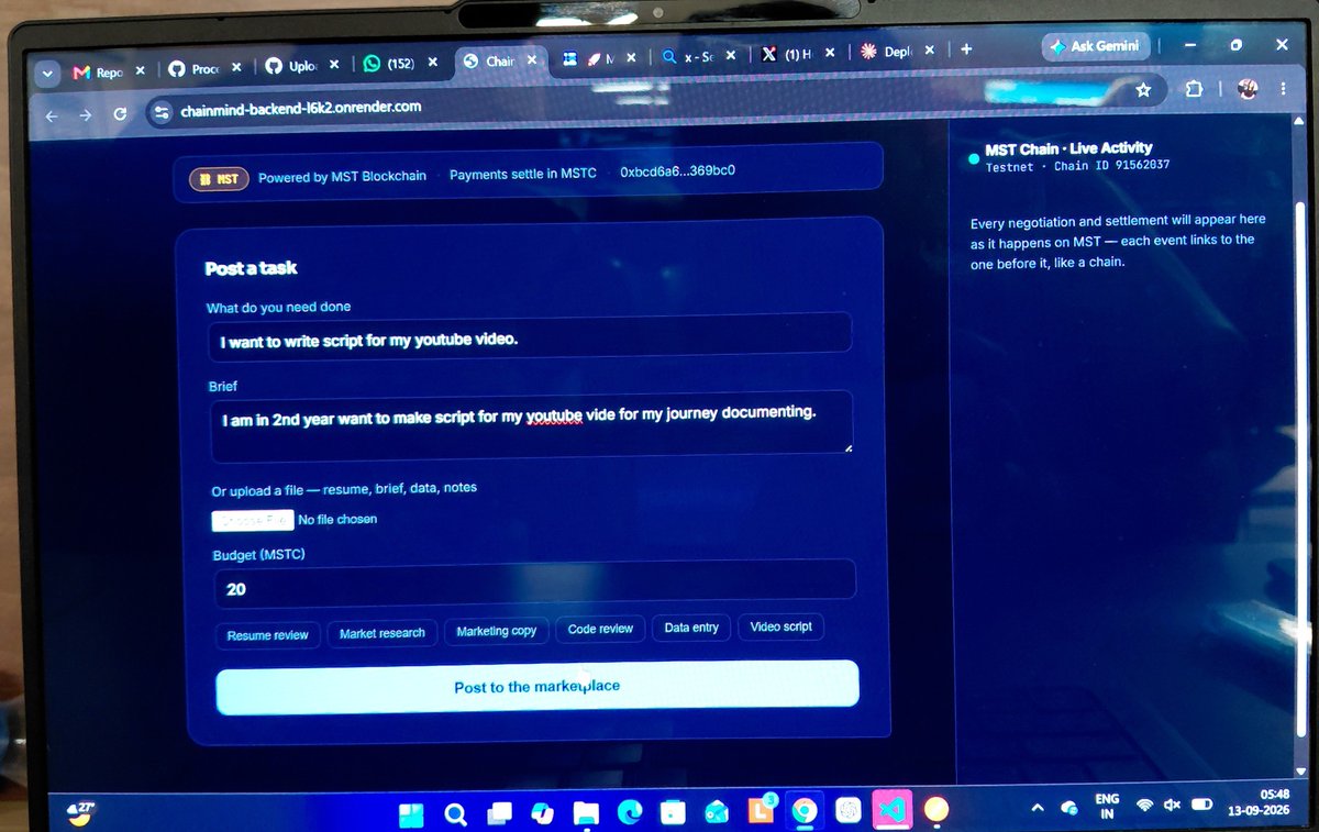 Radhikarajput06's tweet photo. Built ChainMind on MST Testnet ⚡

AI agents negotiate a task, escrow locks on MST chain, work delivered, MSTC released — no human in the middle.

5 blocks on MST Testnet per deal. Fully auditable.

#MSTBlockchain #HackIndia #Web3 #AI https://t.co/YpPpds1mJC