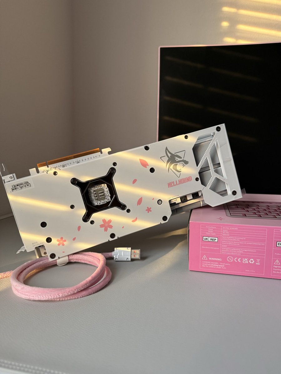 1ncredibleMarz's tweet photo. My partner said they like pink, so I found a limited edition pink blossom gpu and built them a pink pc setup. https://t.co/jgL8GKpnAN