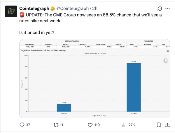 FullPort1's tweet photo. Everyone's still asking "when does the fed cut", it's an 85% chance they hike Wednesday.

While semis being the most crowded trade on record + cash at all time lows.

Nobody is positioned for this. https://t.co/U2sYVtYoXo