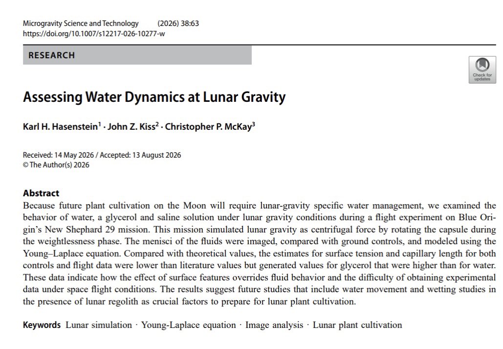 JZK60's tweet photo. https://t.co/PUwf6dsGQq
In our recent publication, we investigated how water behaves under lunar gravity, an important question for future human settlements on the Moon. The research was conducted during the Blue Origin (NS-29) flight, which simulated the Moon's gravity. https://t.co/oOM96AM4YU