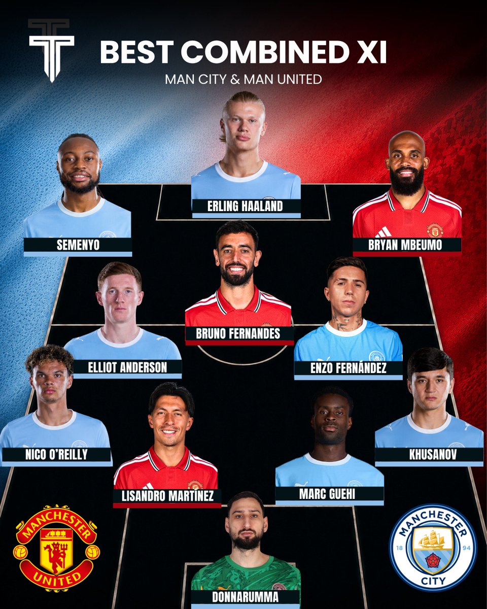 TouchlineX's tweet photo. 🚨 𝗡𝗘𝗪: Manchester City &amp; Manchester United best combined XI! 💫 https://t.co/B6s3Tmo7Qq