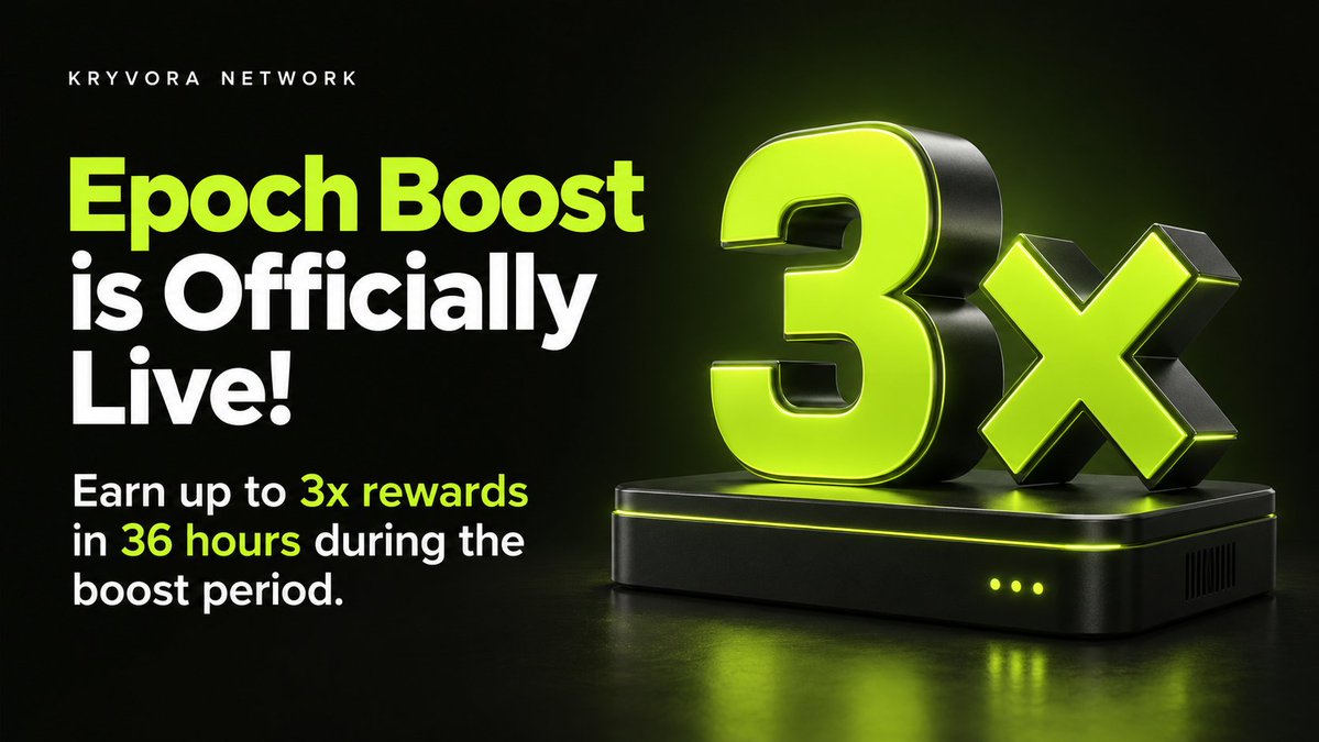 KryvoraNetwork's tweet photo. Epoch Boost is Officially Live!

Calling all Kryvora node operators,it’s time to maximize your performance.
Epoch Boost is now active with a special reward multiplier!

What’s new in this Epoch?
Reward Multiplier:
Earn up to 3x rewards in 36 hours during the boost period.

Uptime is Priority: 
Ensure your node is active to claim your maximum allocation.

Limited Duration: 
This boost only runs from Sep 13 to Sep 16. 

Check your node dashboard Now And Start 3x multiplier on your Node: 
https://t.co/WjAEpPhhXJ

Don't miss out and make sure everything is running smoothly!