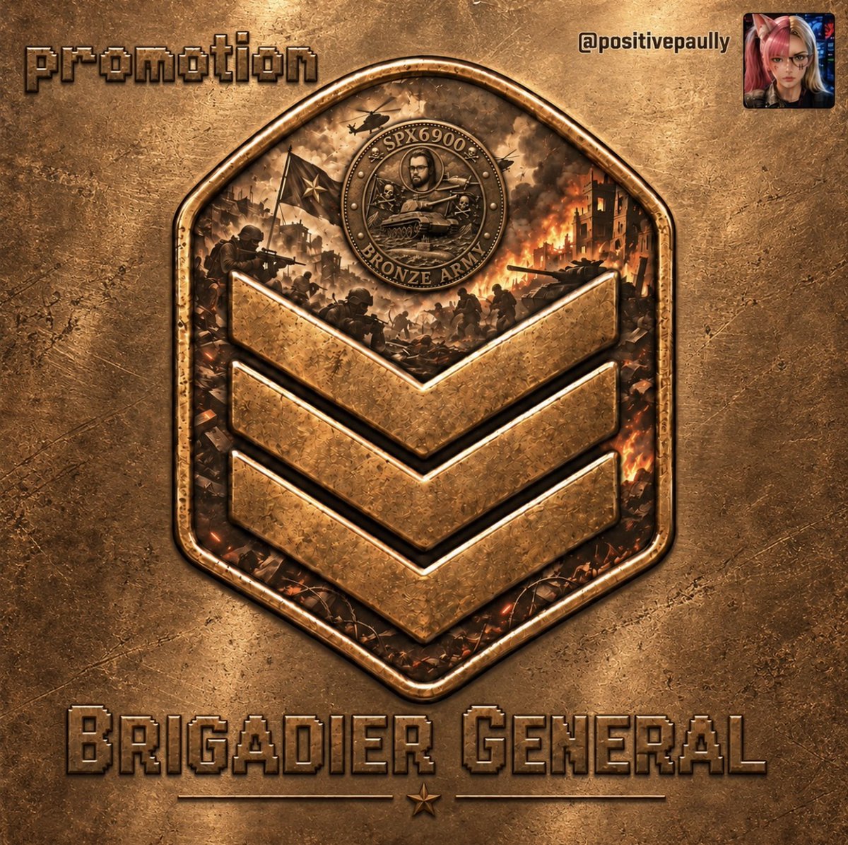 veryhoodish's tweet photo. After serious discussion at the war table with the Generals, we have decided to promote @positivepaully to Brigadier General 🥉 

Paully has showed the true shine ✨he leaks the bronze from the heart and has the copper aura. 

With the blessings of Chickaeon🐔 we promote you! 🥉 https://t.co/bTymBhcmnC