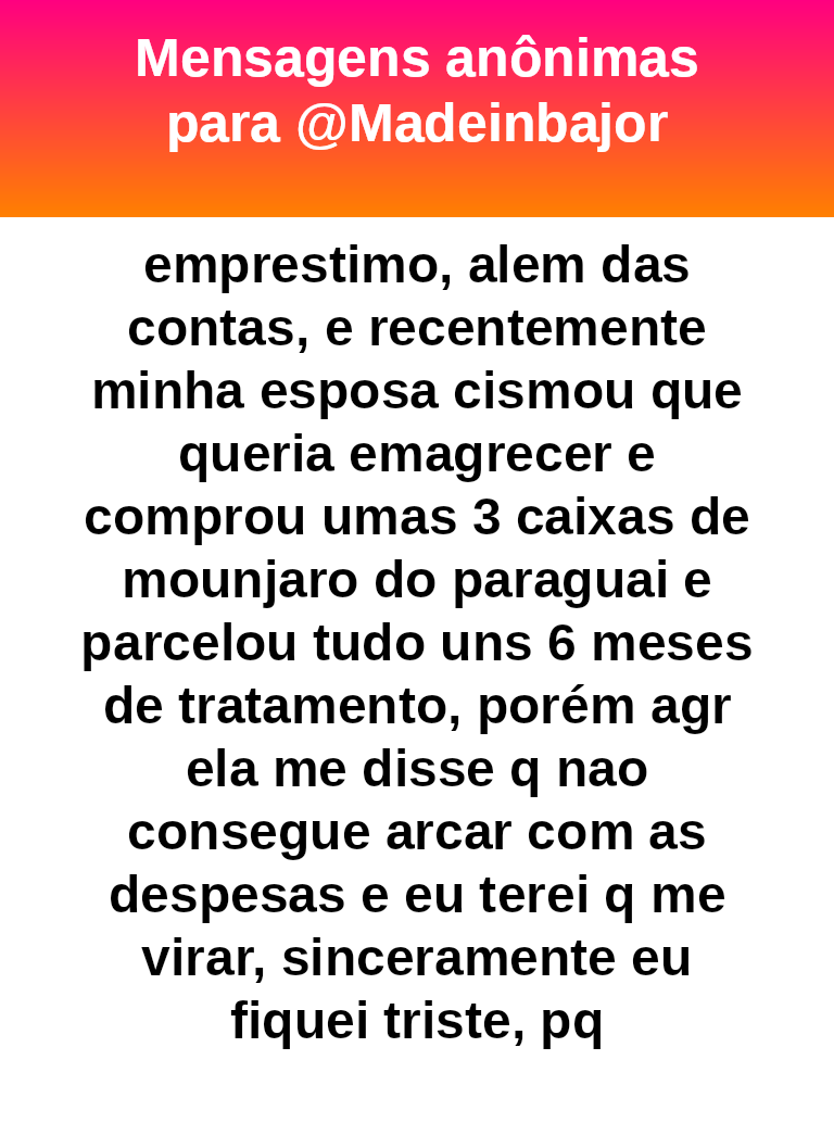 madeinbajor's tweet photo. #bajo45858
💸💸💸  H30
Cara vamos dar nome certo para as coisas isso é IRRESPONSABILIDADE dela. Ela casou. Casamento não é brincadeira, imagina vc tá pagando uma casa se virando noa 30 e a outra pessoa comprando mounjaro do Paraguai e nem da conta de pagar. 
Eu ficaria possessa de ódio e não ia pagar porcaria nenhuma tbm.