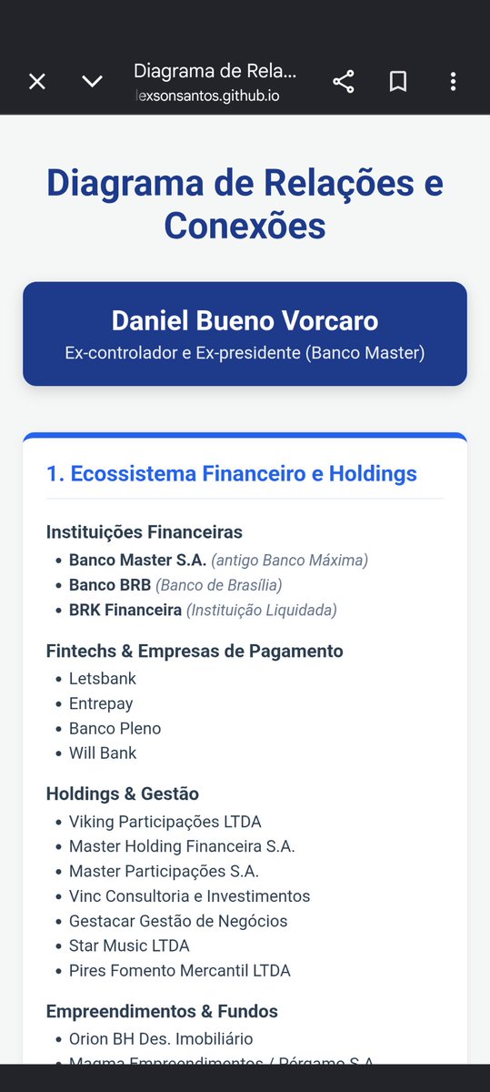 alexsonoficial's tweet photo. Acabei de postar no meu GitHub um Diagrama de Relações completo mapeando essa teia de bilhões de reais que conecta o Banco Master e #danielvorcaro, investigações da PF (como a Compliance Zero), créditos de carbono na Amazônia e uma malha societária 👇
 https://t.co/vTaDJ1c6R9 https://t.co/7GX3unXvXZ