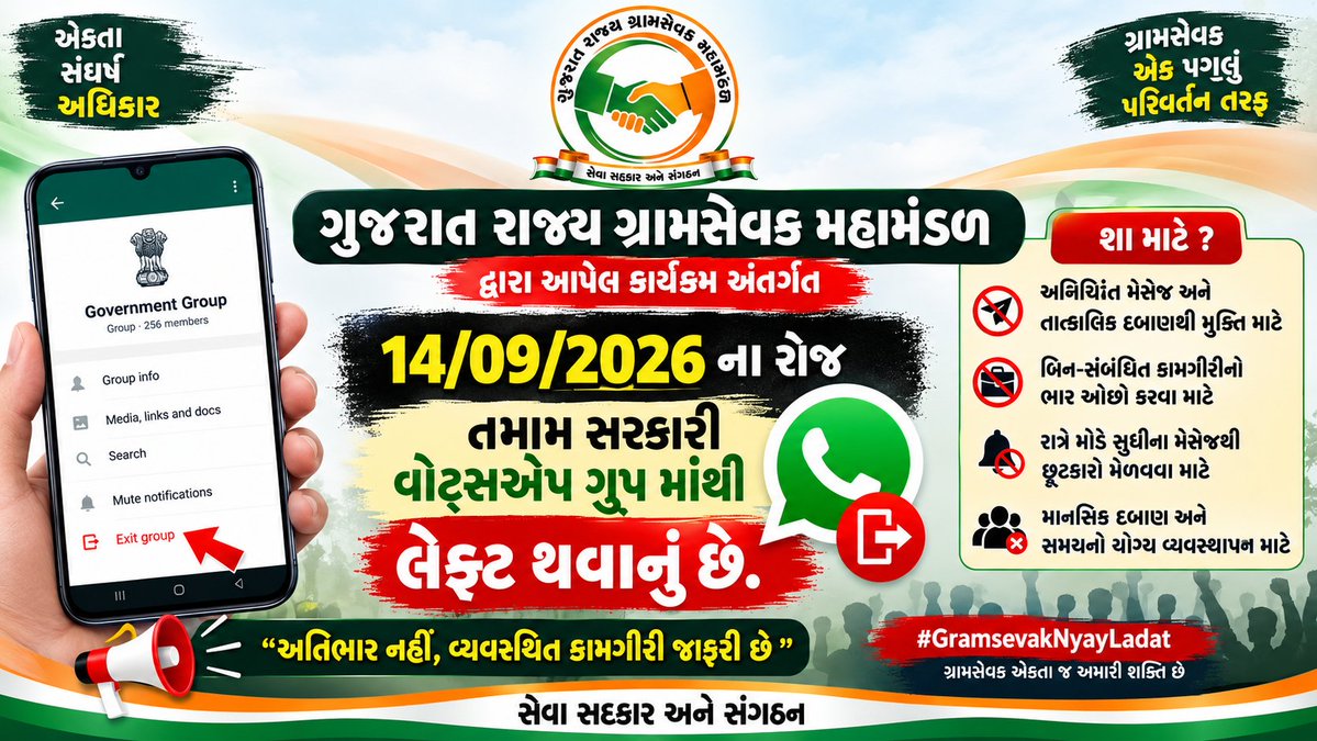 Guj_Gramsevak's tweet photo. 📢 ગુજરાત રાજ્ય ગ્રામસેવક મહામંડળ દ્વારા આપેલ કાર્યક્રમ
📅 14/09/2026 ના રોજ
તમામ ગ્રામસેવક ભાઈઓ દ્વારા તમામ સરકારી WhatsApp ગ્રુપમાંથી LEAVE થવાનું છે.
આ એકતા અને સંગઠન દ્વારા આપણી માંગણીઓ પ્રત્યે સરકારનું ધ્યાન દોરવાનો સંકલ્પ છે.
✊ એકતા • સંઘર્ષ • અધિકાર
#GramsevakNyayLadat
#Gramsevak
#GujaratGramsevak
#GramsevakEkta