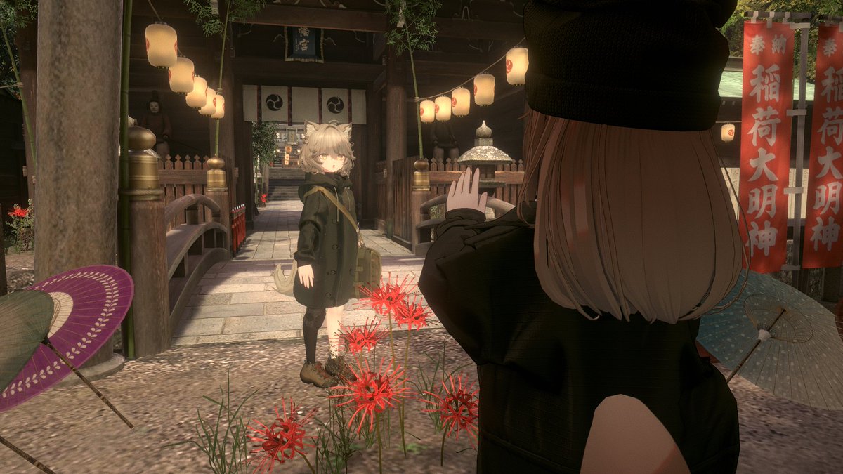 waverideraction's tweet photo. #VRChat
#Nemo3D #KOGOMI3D
world名：Japan Shrine

赤いたぬきと緑のきつね、神社にて出会う。 https://t.co/qBLMbKyCUm