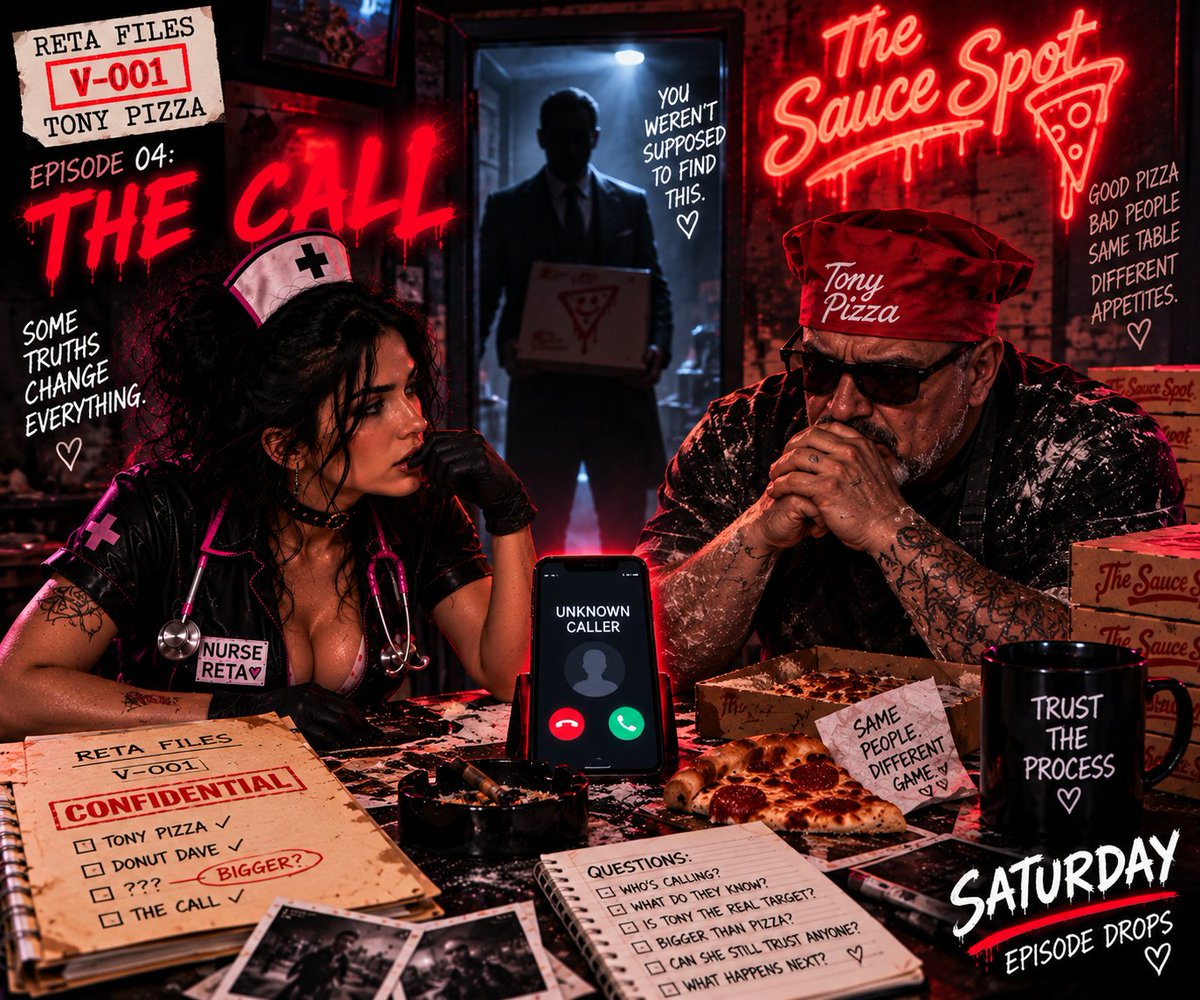 RetaNurse's tweet photo. 🚨 RETA FILE V-001 // EPISODE 04

THE CALL. 📱🍕

11:53 PM.

The burner rang for 12 minutes.

Finally, Nurse Reta reached for it.

Tony grabbed her wrist.

“Don’t.”

That was the moment she knew.

Tony Pizza wasn't scared of getting caught.

He was scared of whoever was calling. 👀

Reta answered anyway.

Silence.

Then three words:

“Where is Dave?”

Tony went fucking pale.

The line went dead.

Donut Dave isn't working for Tony.

And Tony isn't the top of this operation.

There’s someone above BOTH of them. 💉🖤

📁 V-001: ACTIVE
🍩 V-002: AT LARGE
❓ V-003: [REDACTED]

The Reta Files just got bigger.