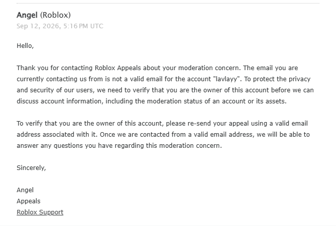 luvrlayy's tweet photo. day 36 of my false perma ban @Roblox 

sent another appeal, and they advised me to use the verified email of my account (lavlayy) to discuss the moderation, but they completely ignored all the previous appeals from that email. 
#roblox #robloxban https://t.co/bU7DBSbzaT
